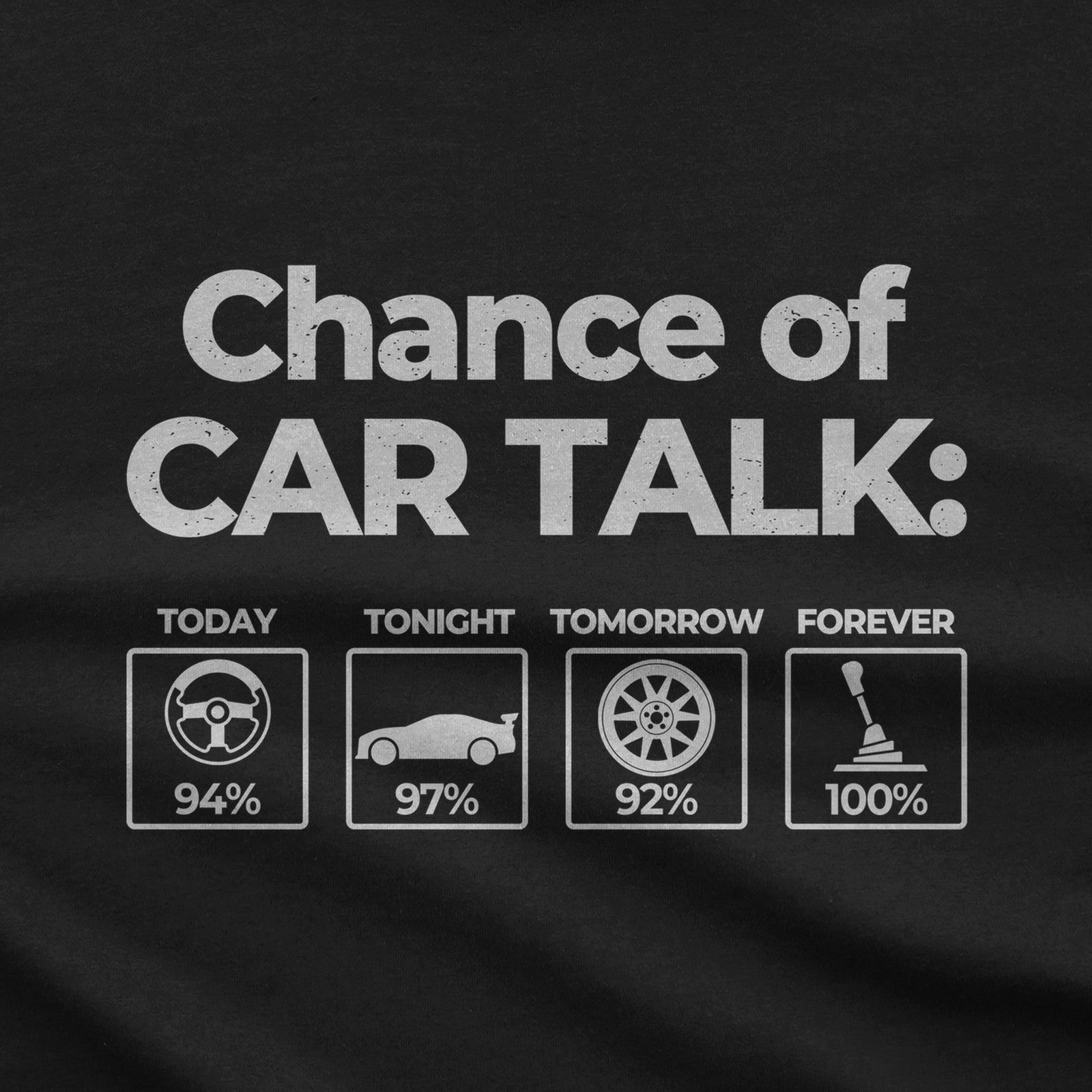 100% Chance of Car Talk Funny Car Enthusiast T-Shirt design close-up