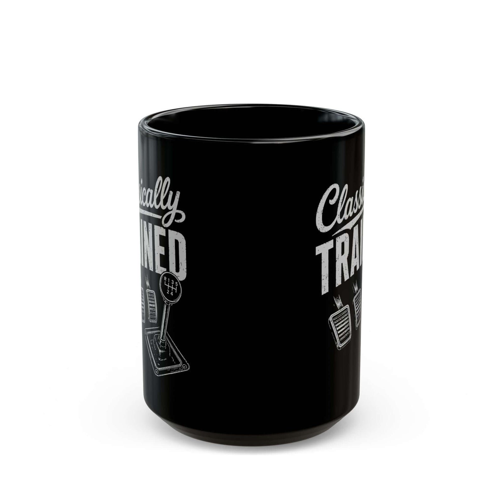 Classically Trained Manual Driver Mug - 15oz black coffee mug, front view with print on both sides