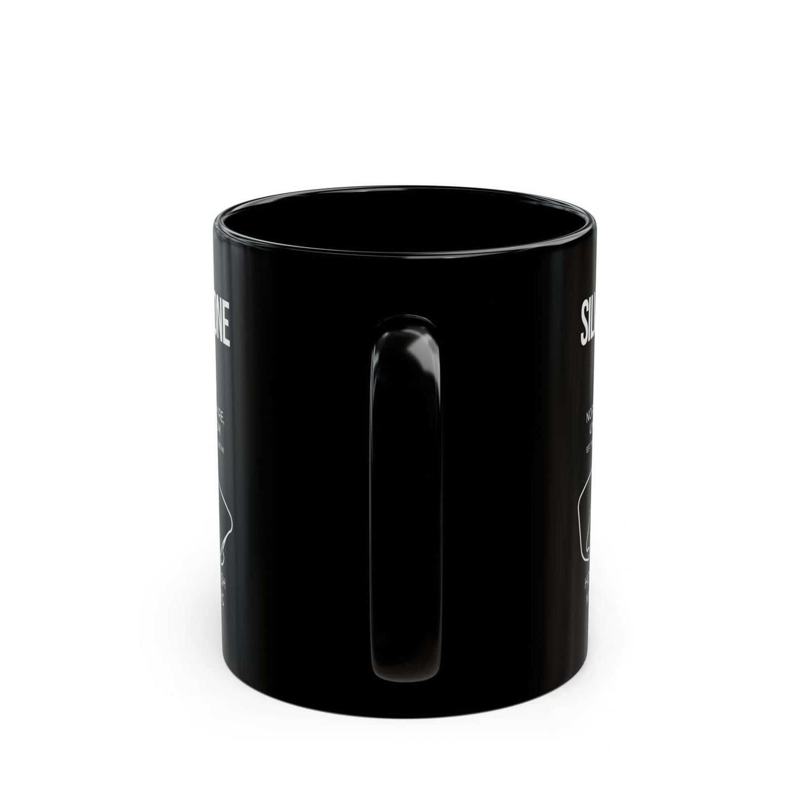 Silverstone Race Track Mug - 11oz black coffee mug, handle facing front