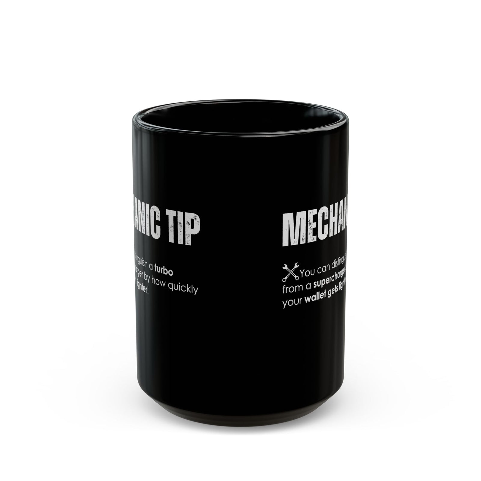 Turbo vs Supercharger Coffee Mug - 15oz black coffee mug, front view with print on both sides