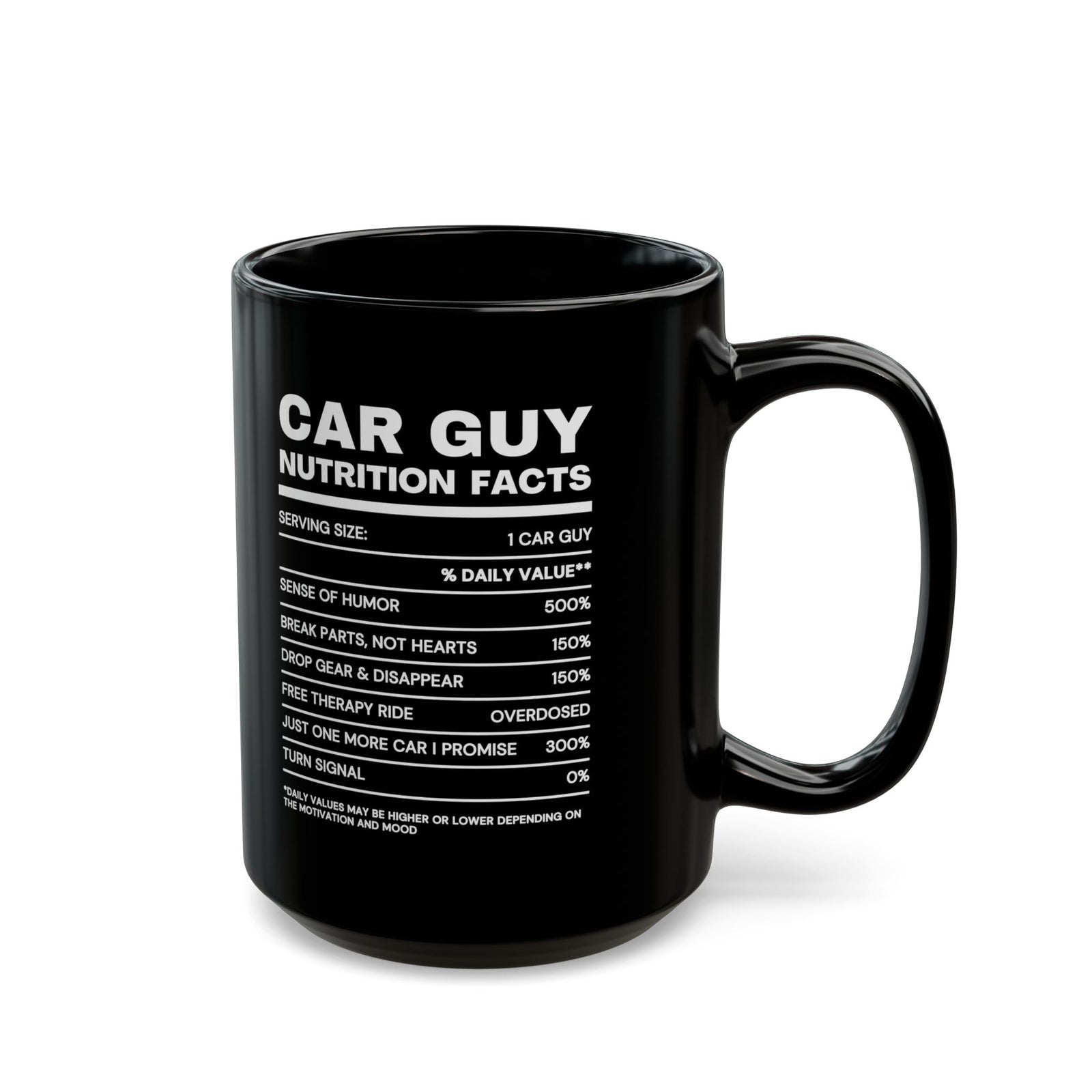 Car Guy Nutrition Facts Mug - 15oz black coffee mug, handle on the right