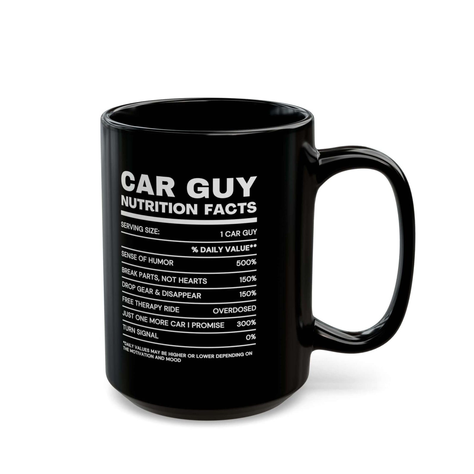 Funny car guy coffee mug - nutrition facts design - petrolhead gift