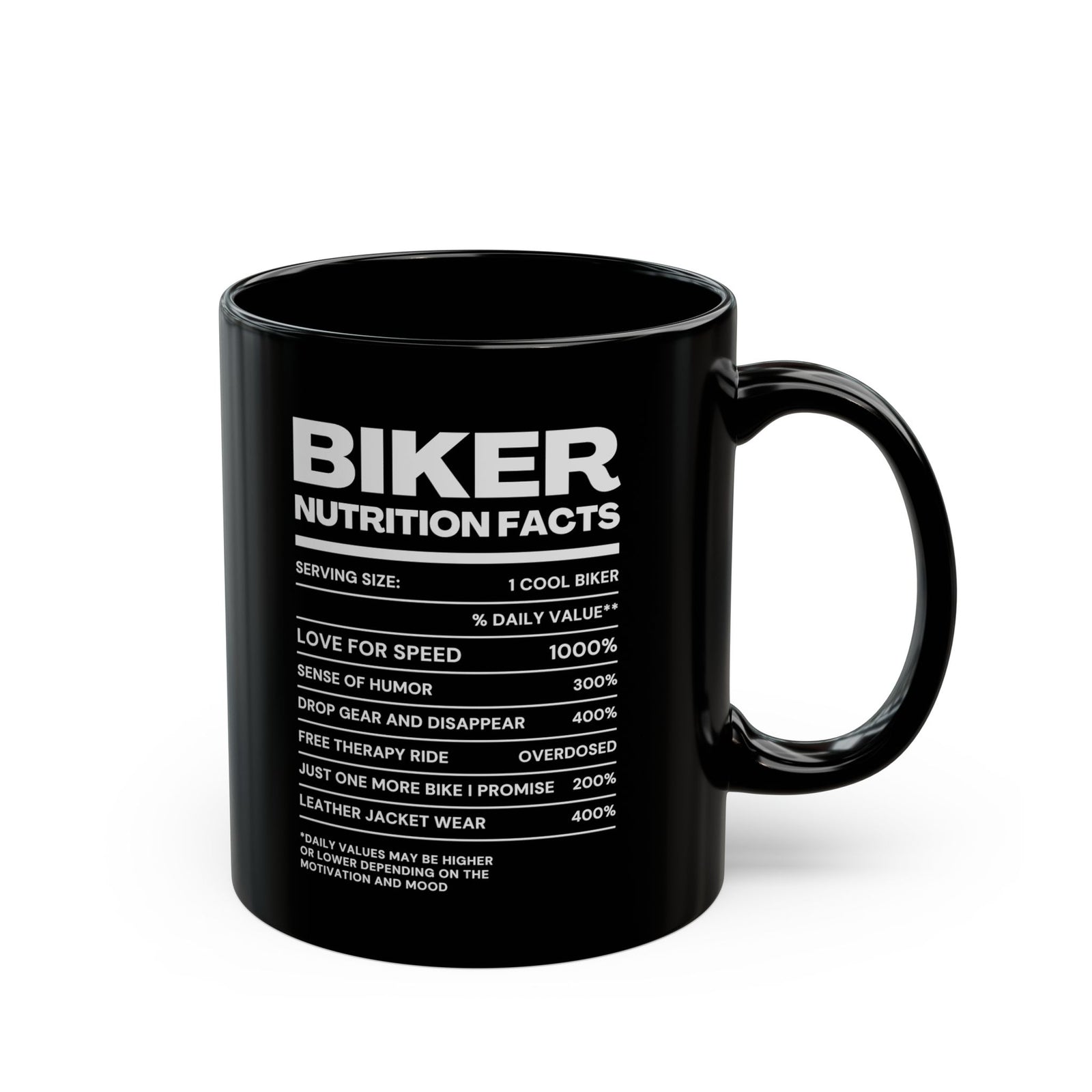Biker Nutrition Facts Coffee Mug - 11oz black coffee mug, handle on the right