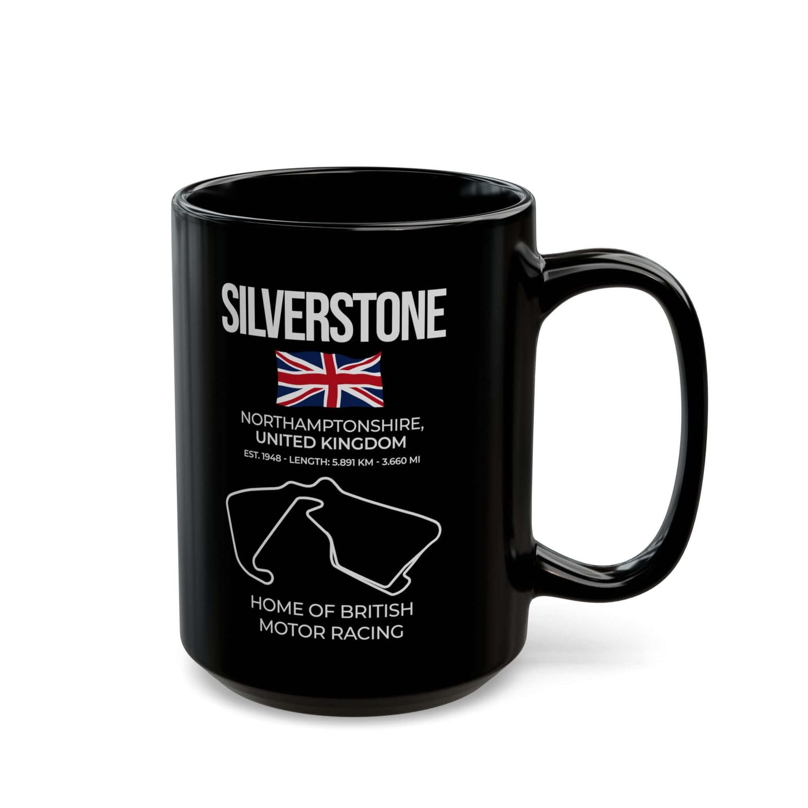 Silverstone Race Track Mug - 15oz black coffee mug, handle on the right