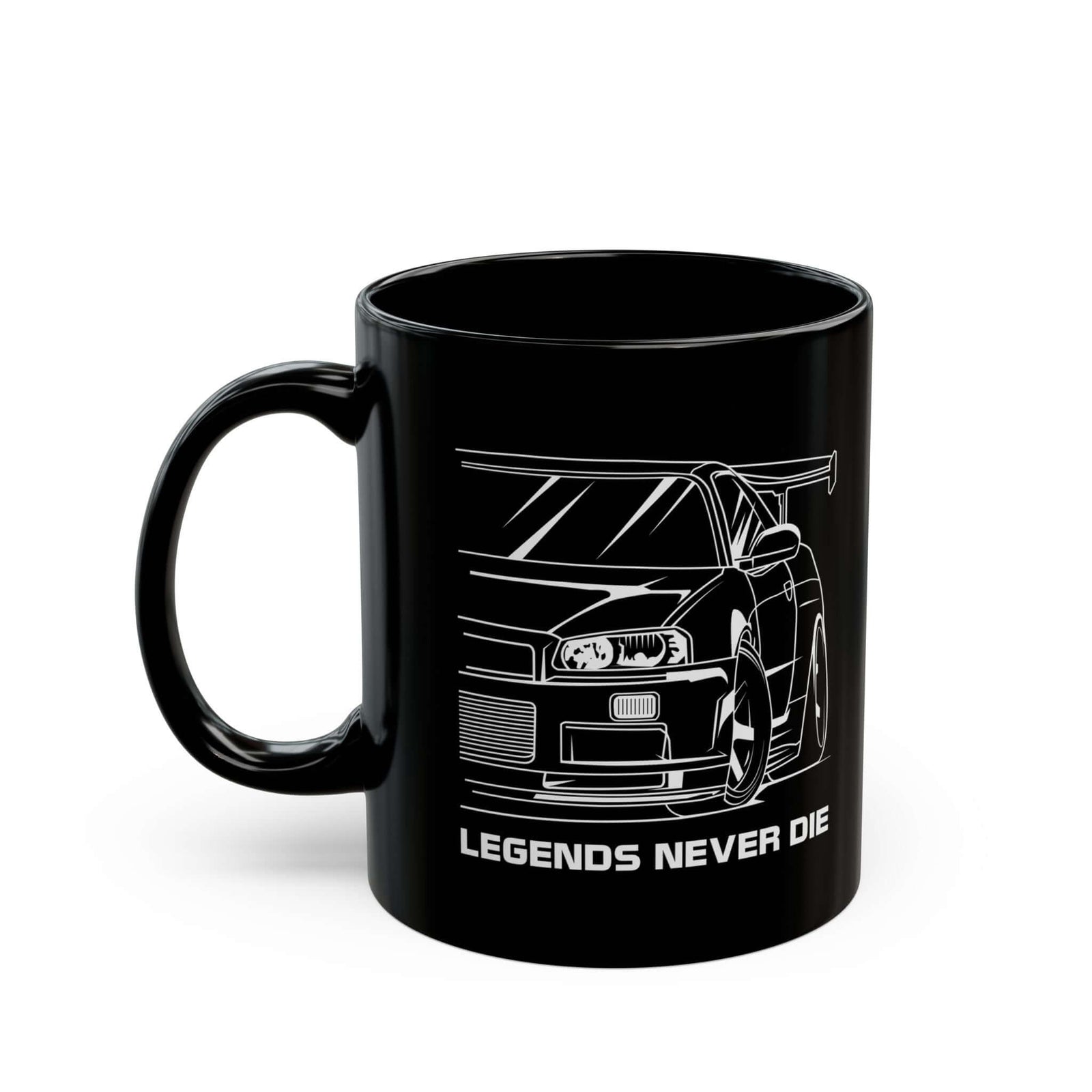 JDM Legends Never Die Coffee Mug - 11oz black coffee mug, handle on the left