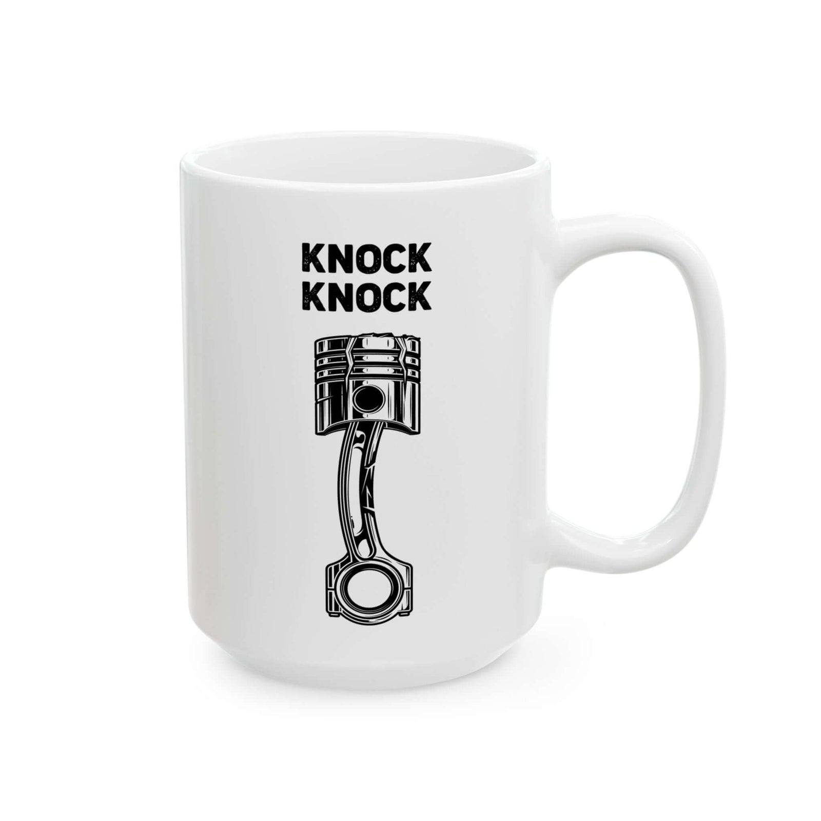 Knock Knock Broken Piston Coffee Mug - 15oz white coffee mug, handle on the right