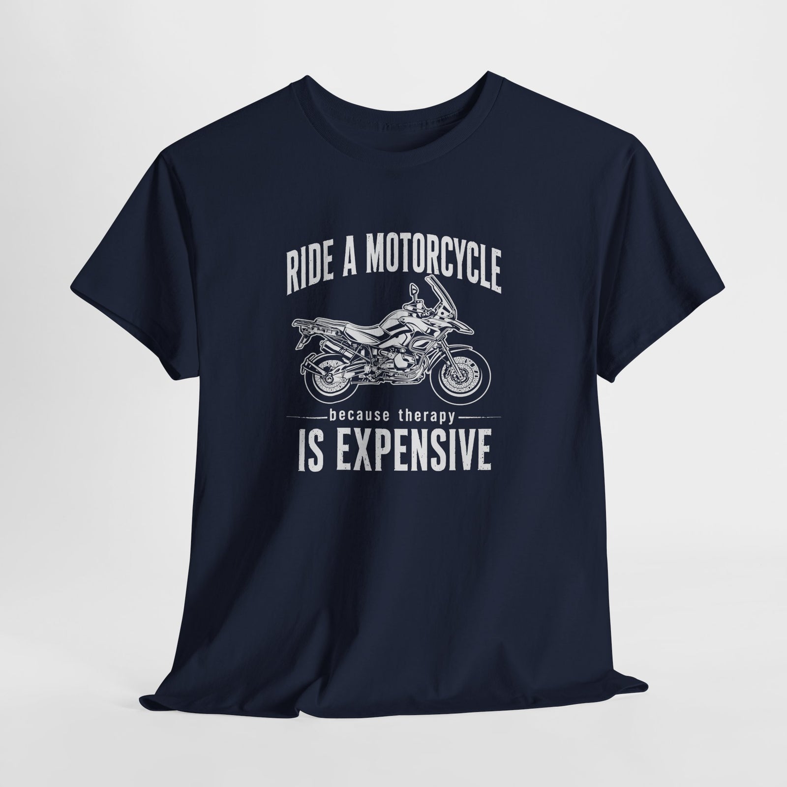 Adventure motorcycle t-shirt folded flat lay