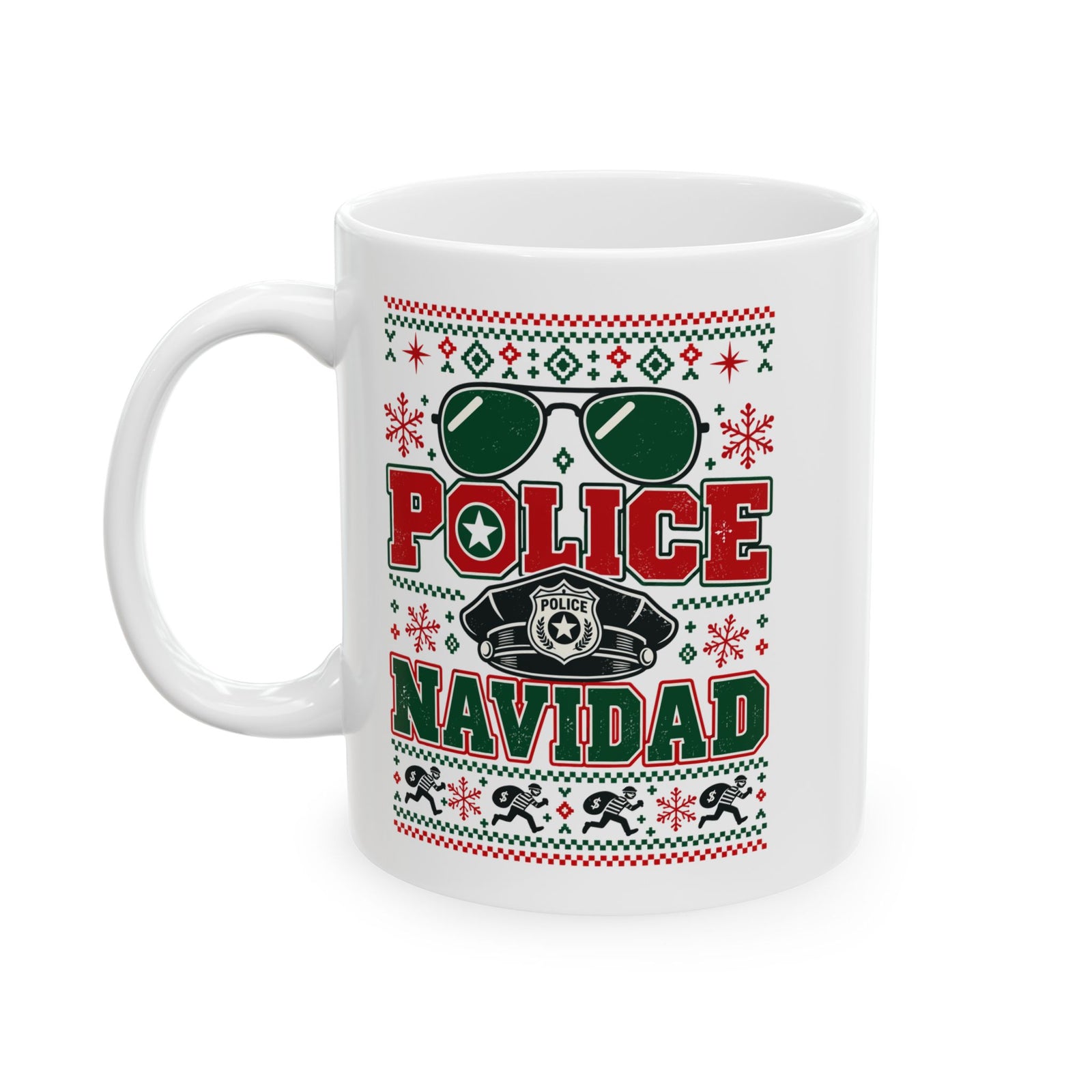 Police Navidad Coffee Mug - 11oz white coffee mug, handle on the left