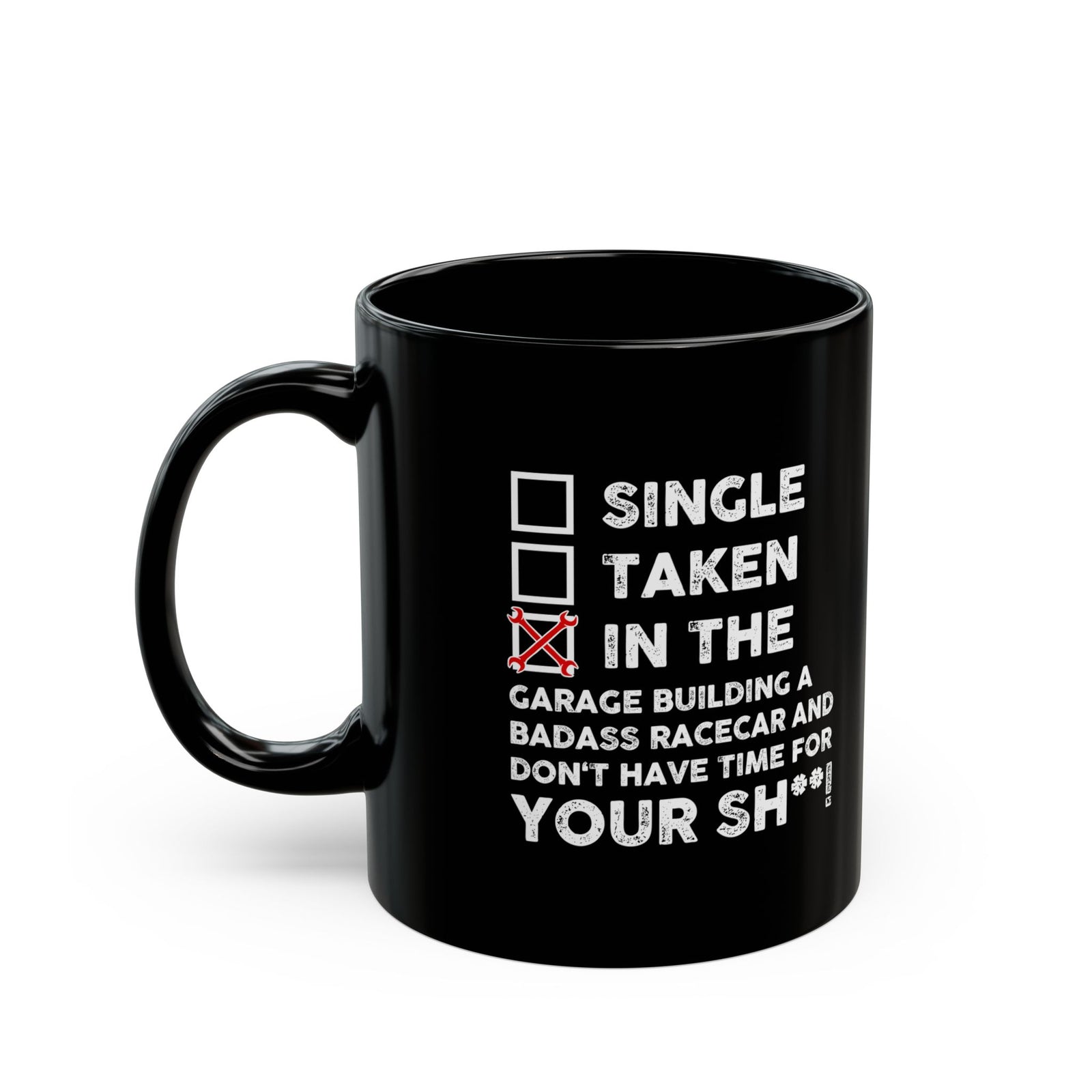 In the Garage Building a Racecar Mug - 11oz black coffee mug, handle on the left