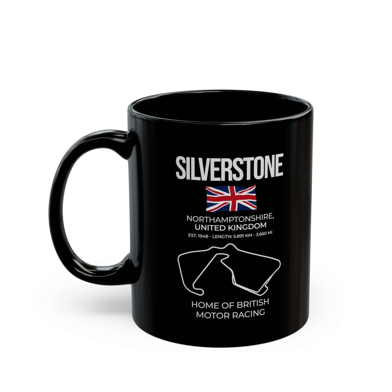Silverstone Race Track Mug - 11oz black coffee mug, handle on the left