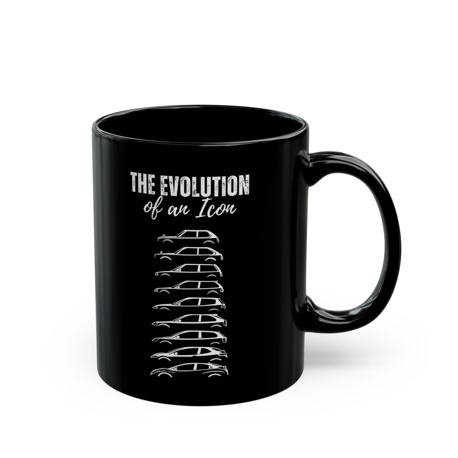 Evolution of an Icon Coffee Mug - 11oz black coffee mug, handle on the right
