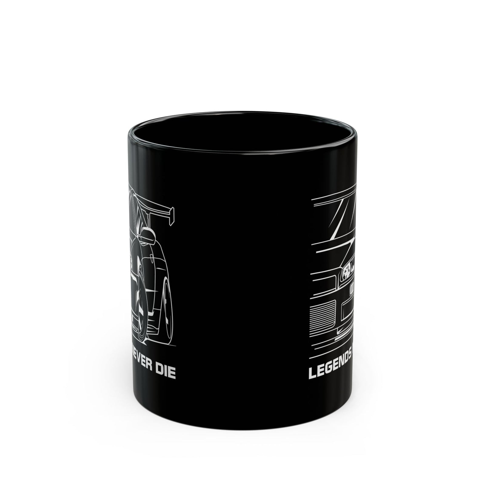 JDM Legends Never Die Coffee Mug - 11oz black coffee mug, front view with print on both sides