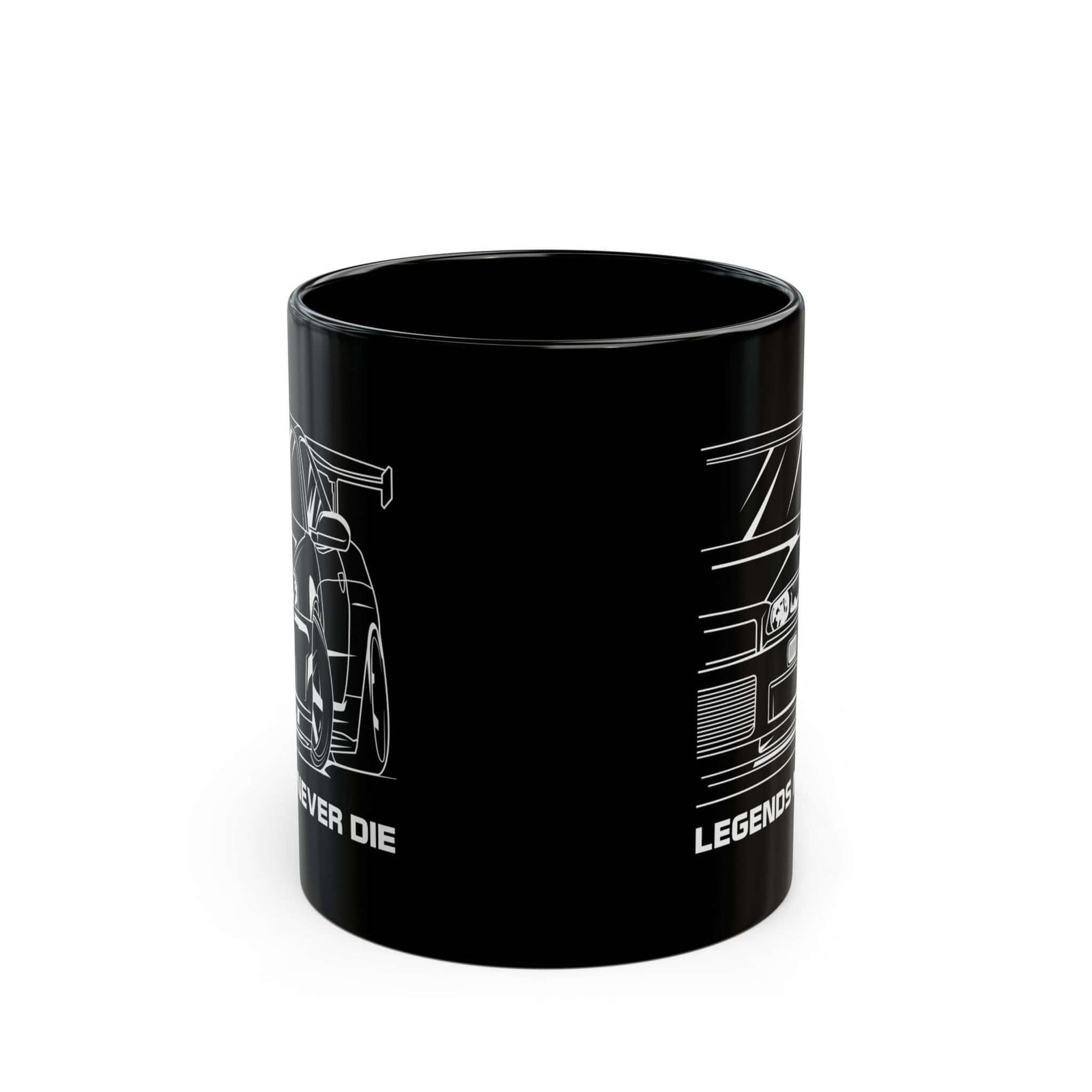 JDM Legends Never Die Coffee Mug - 11oz black coffee mug, front view with print on both sides
