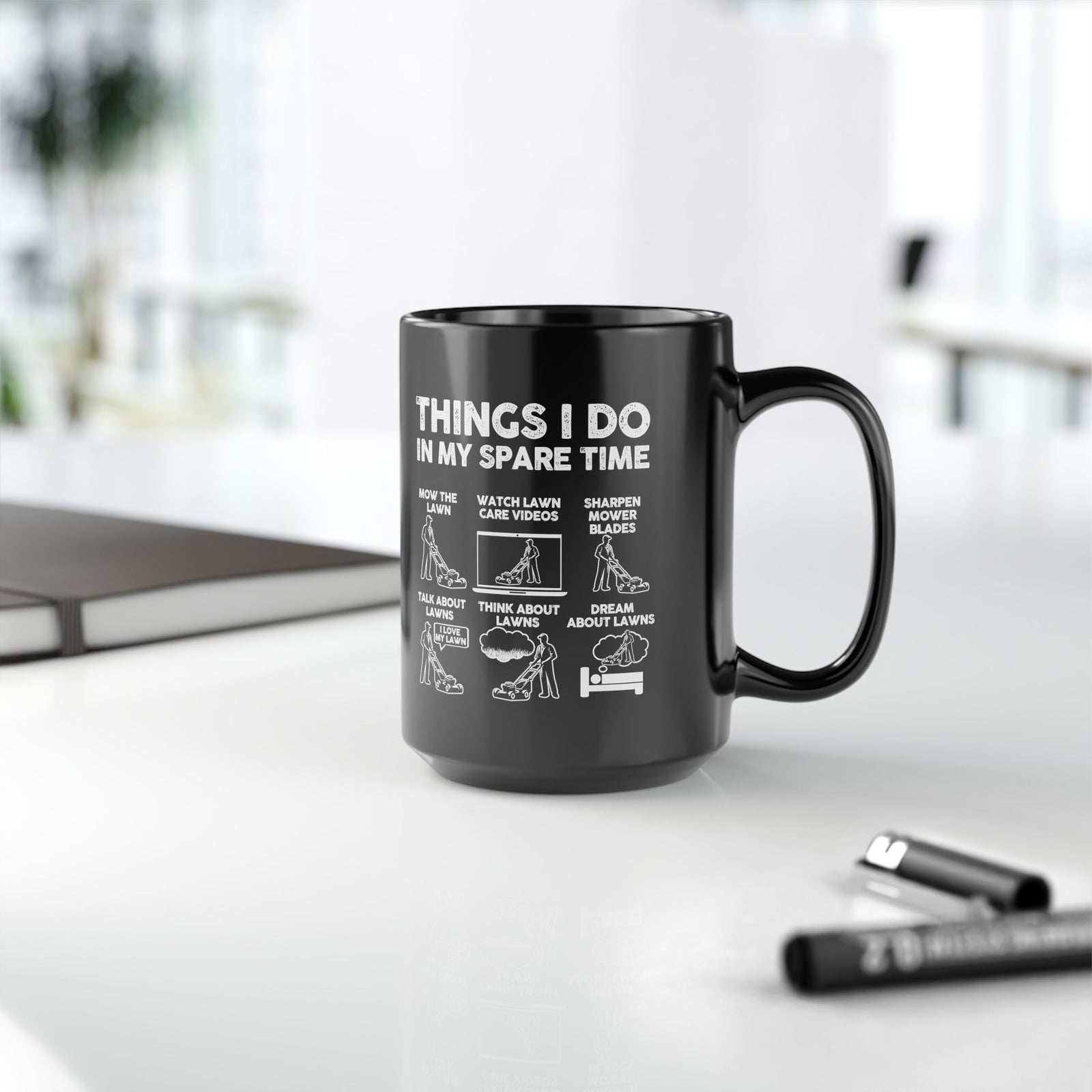 Things I Do lawn mowing mug - six panel mower humor - funny gift for lawn guy