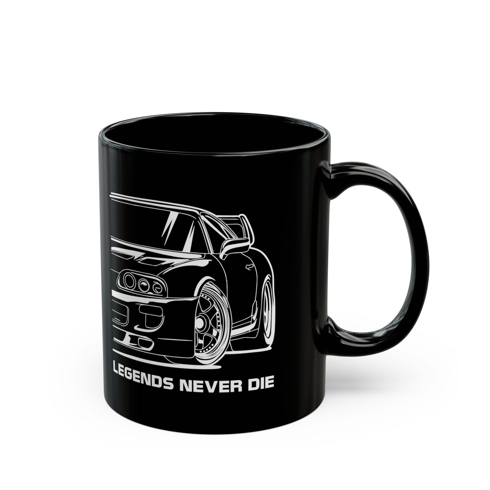 JDM Legends Never Die Coffee Mug - 11oz black coffee mug, handle on the right