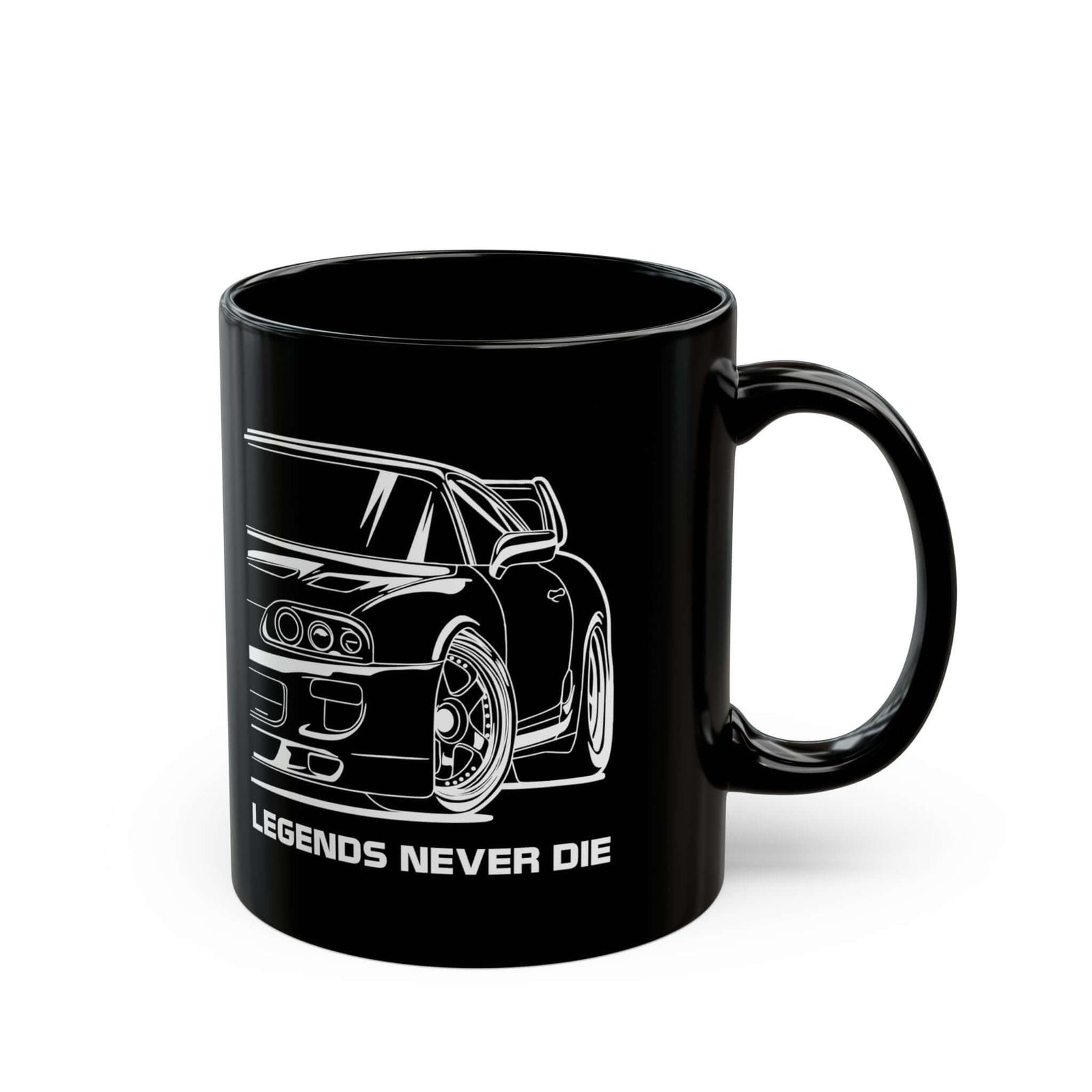 JDM Legends Never Die Coffee Mug - 11oz black coffee mug, handle on the right