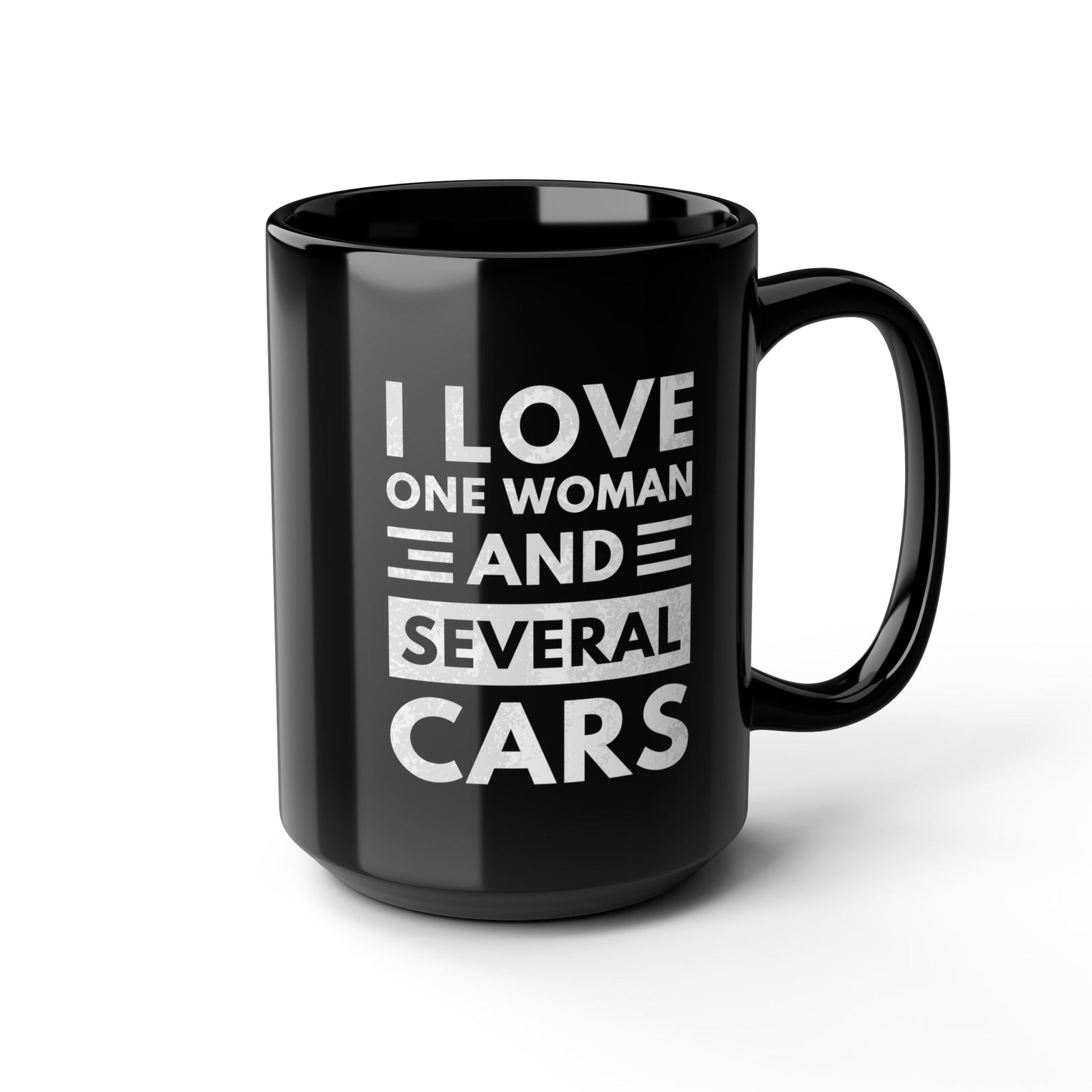 I Love One Woman and Several Cars Coffee Mug - 15oz black coffee mug, angled view