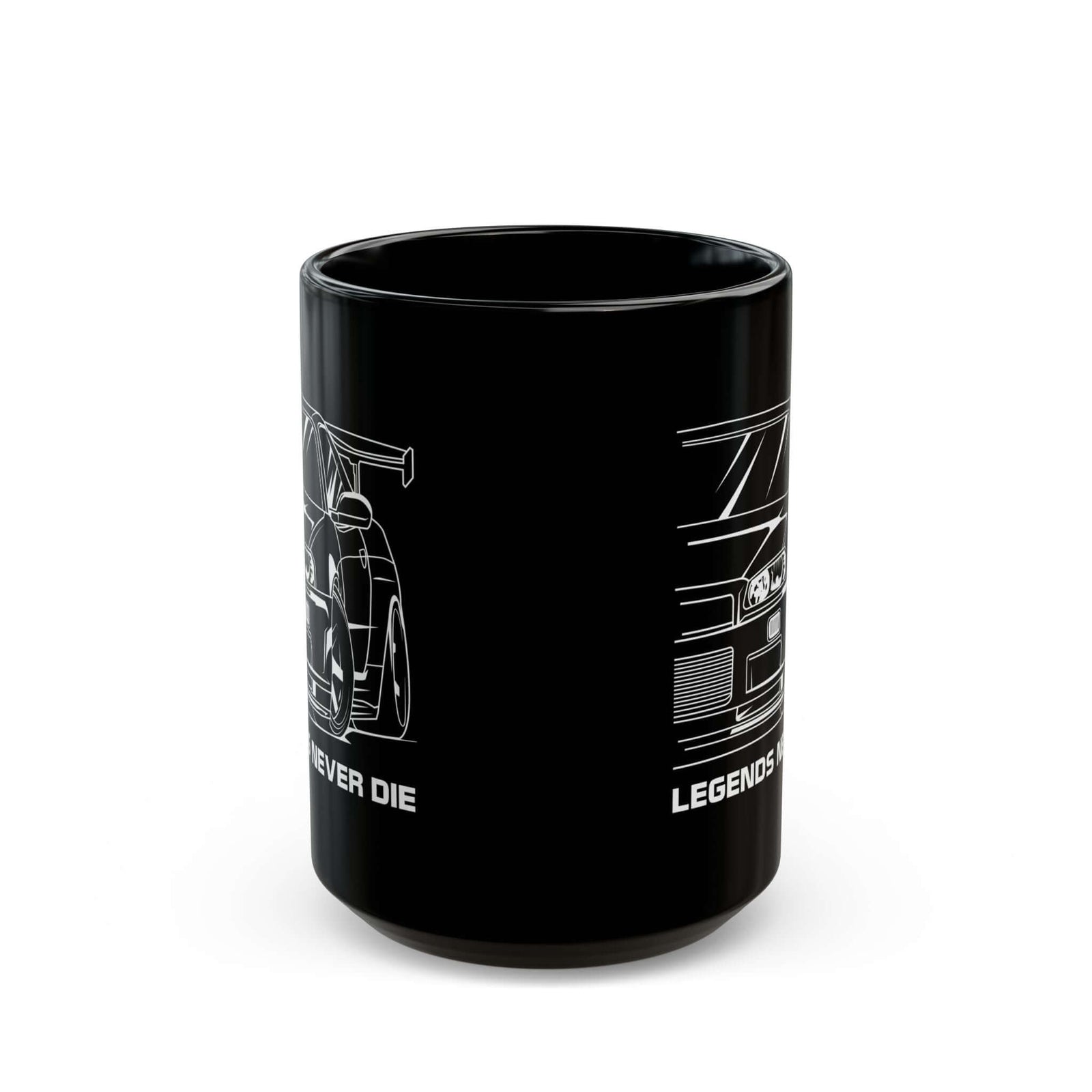 JDM Legends Never Die Coffee Mug - 15oz black coffee mug, front view with print on both sides