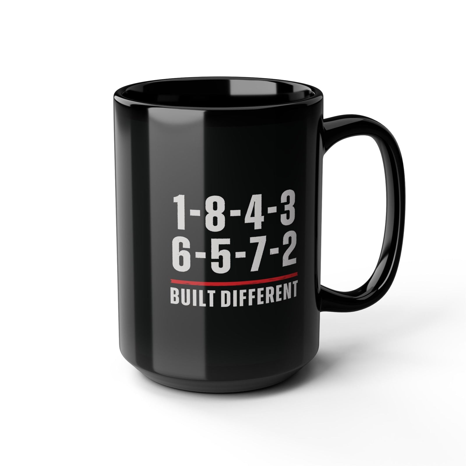 Built Different V8 Firing Order Mug - 15oz black coffee mug, angled view