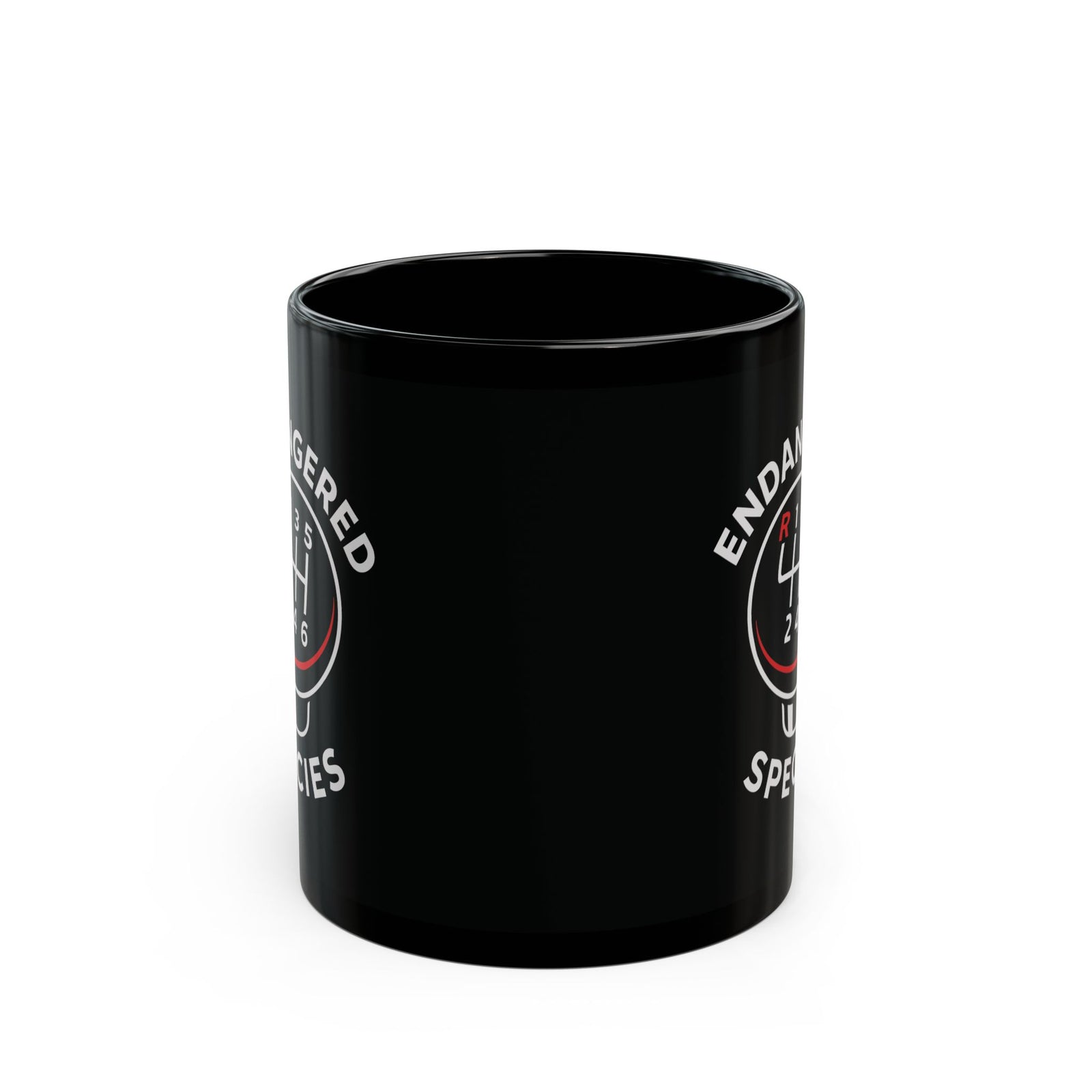 Endangered Species Stick Shift Mug - 11oz black coffee mug, front view with print on both sides