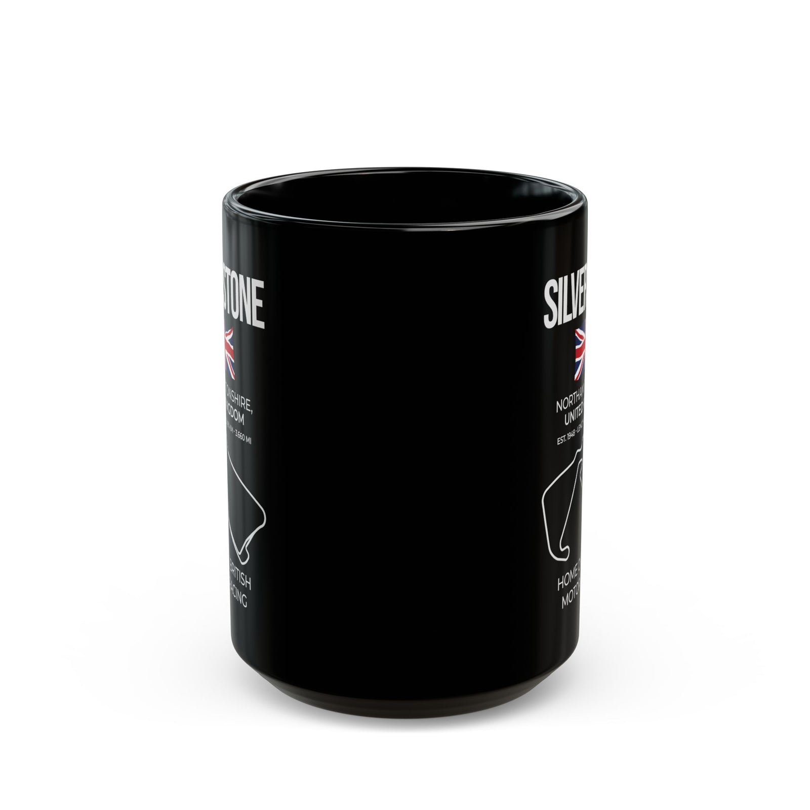 Silverstone Race Track Mug - 15oz black coffee mug, front view with print on both sides