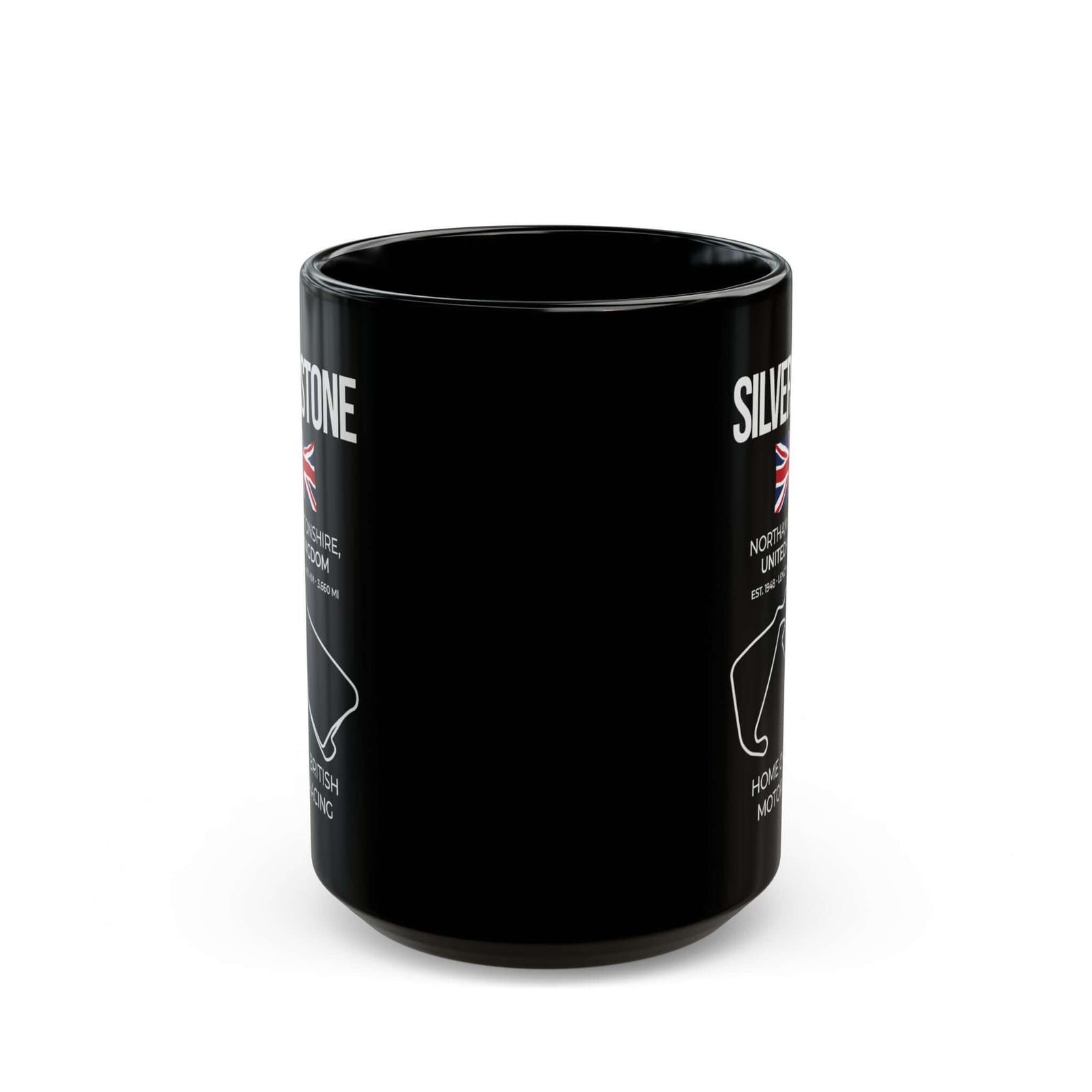 Silverstone Race Track Mug - 15oz black coffee mug, front view with print on both sides