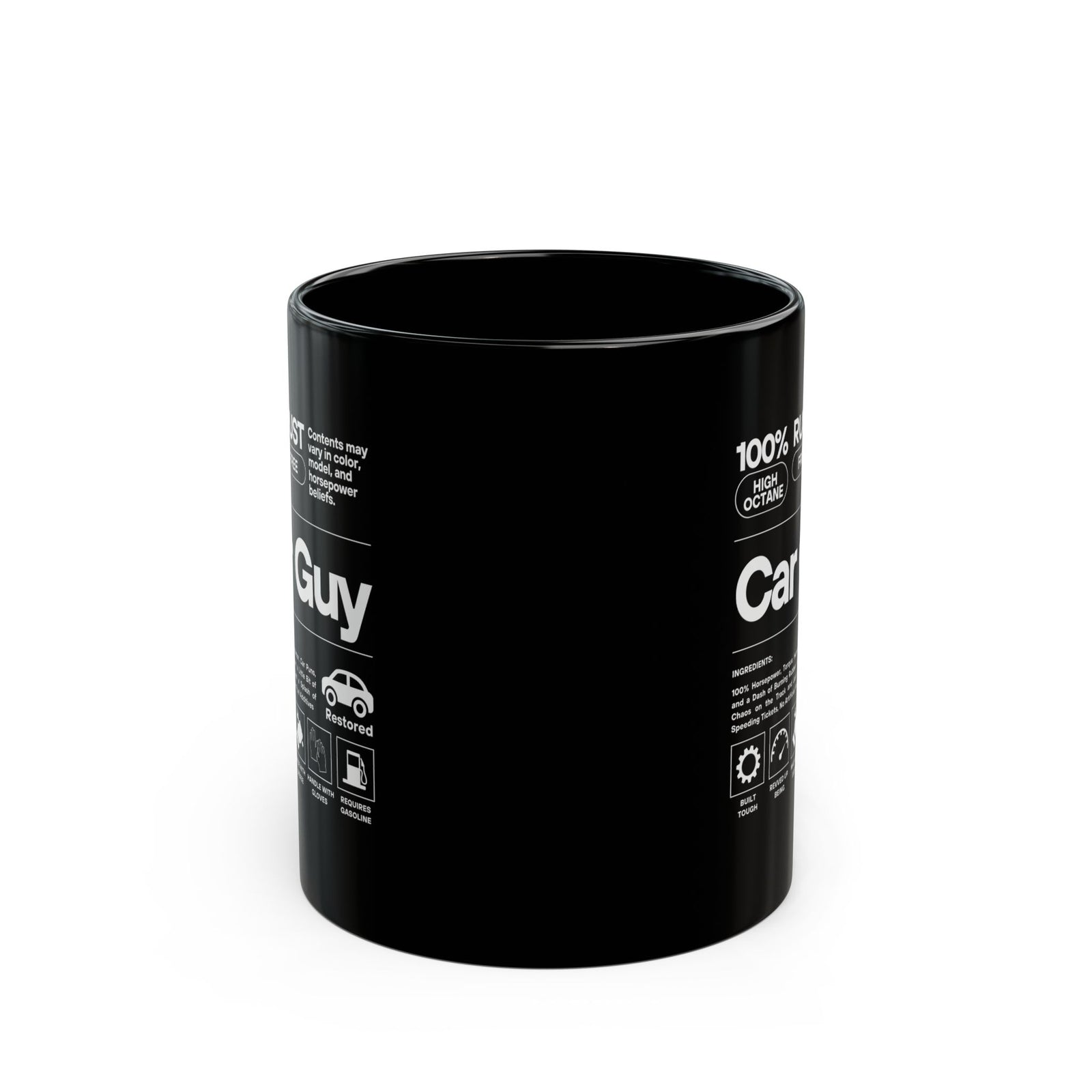 Car Guy Ingredients Label Coffee Mug - 11oz black coffee mug, front view with print on both sides