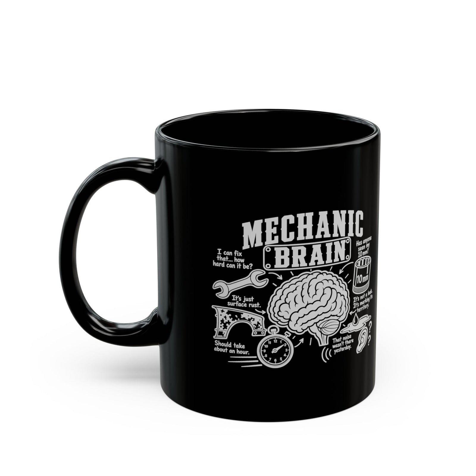 Mechanic Brain Coffee Mug - 11oz black coffee mug, handle on the left