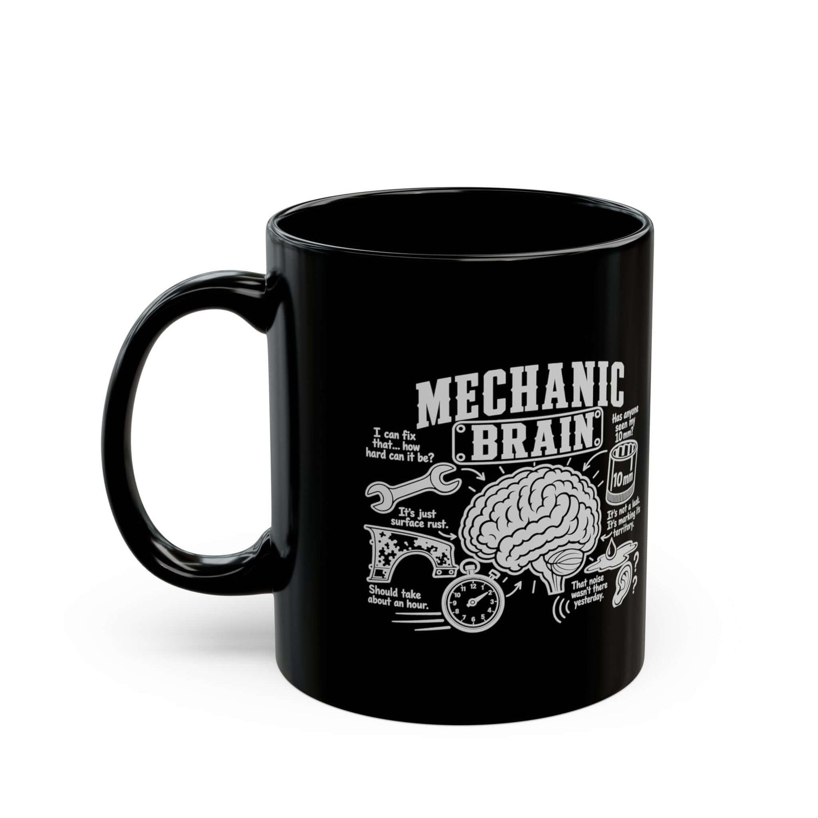 Mechanic Brain Coffee Mug - 11oz black coffee mug, handle on the left