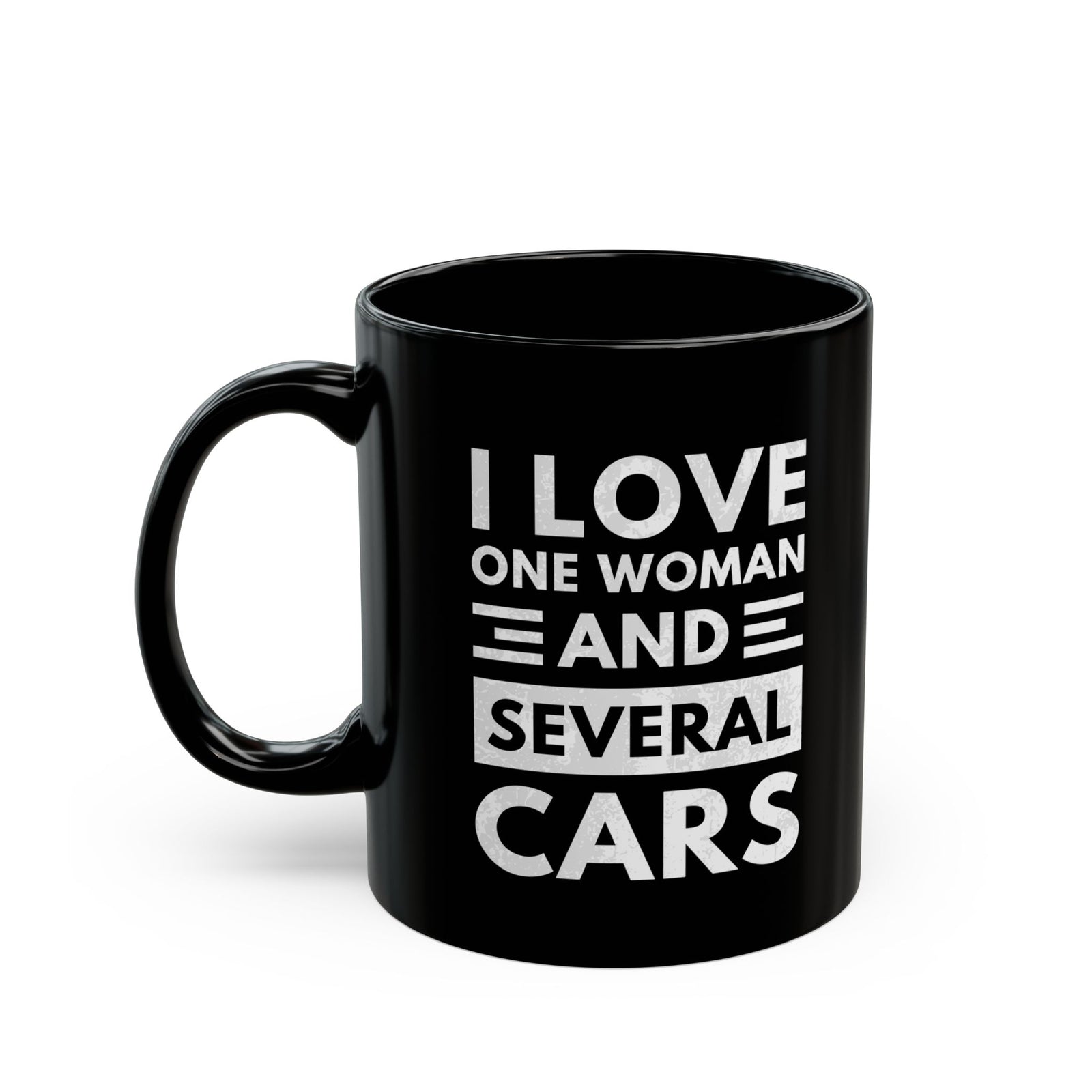 I Love One Woman and Several Cars Coffee Mug - 11oz black coffee mug, handle on the left