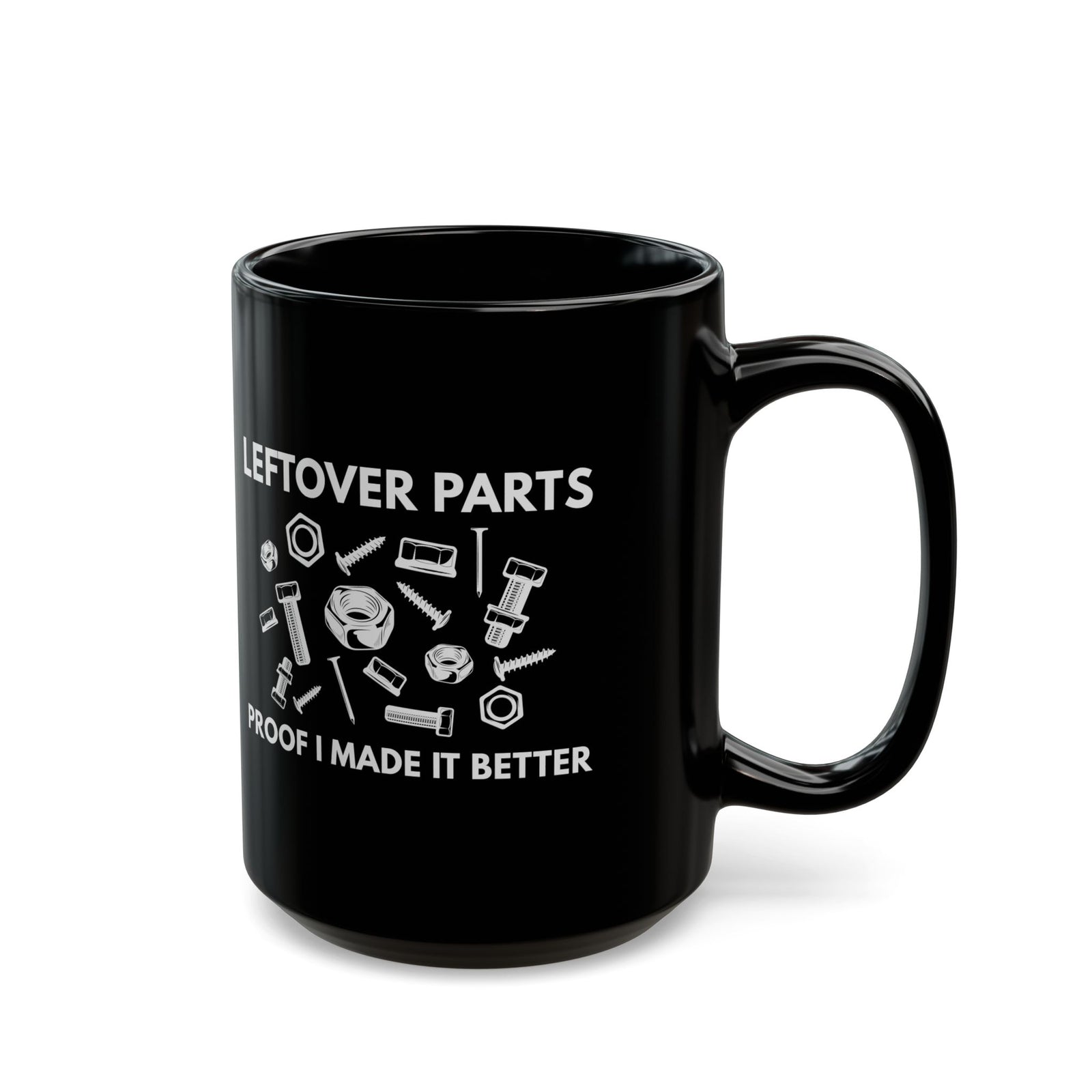 Leftover Parts Coffee Mug - 15oz black coffee mug, handle on the right