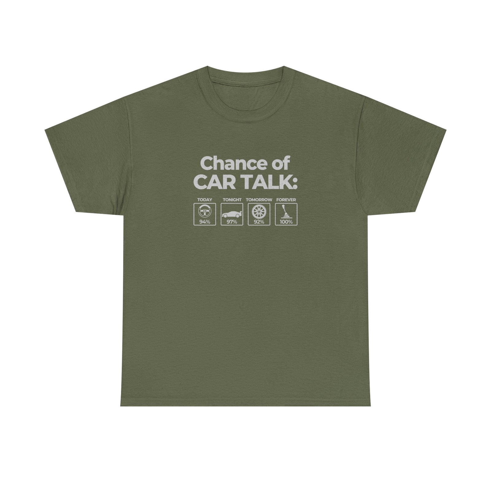 Car guy t-shirt lifestyle shot - 100% chance of car talk apparel for gearheads