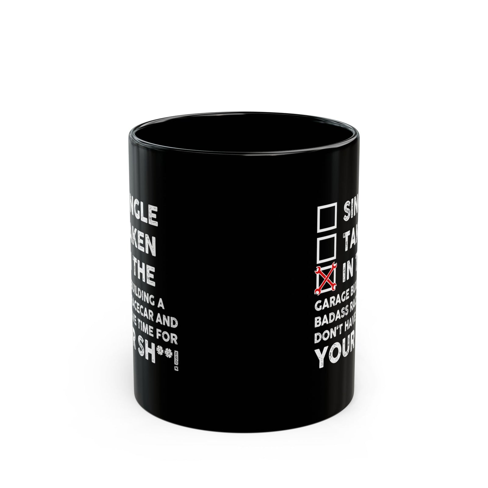 In the Garage Building a Racecar Mug - 11oz black coffee mug, front view with print on both sides