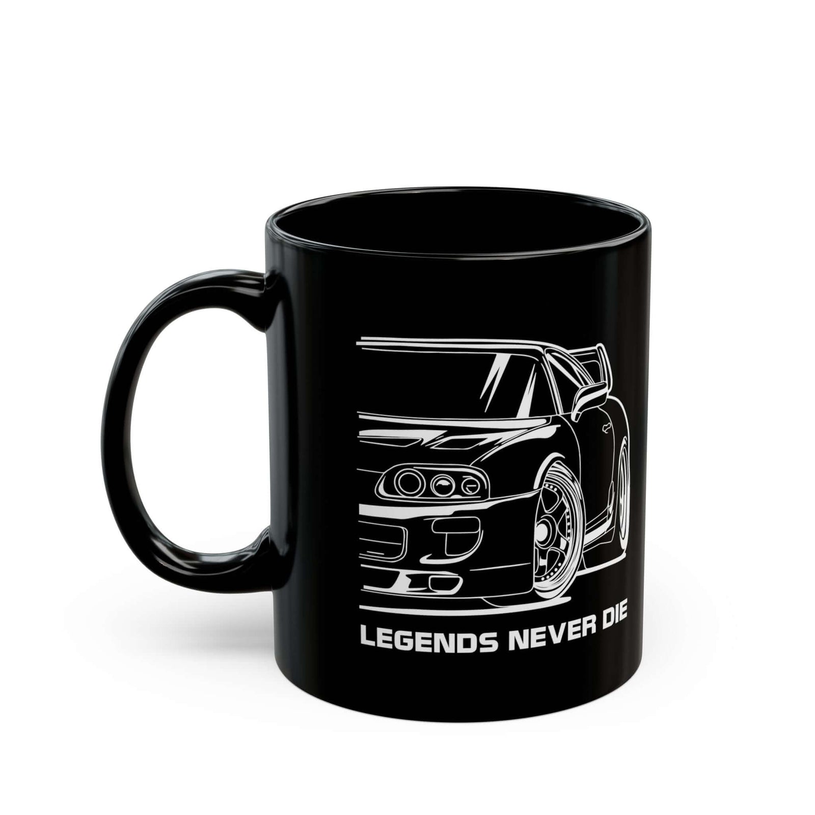 JDM Legends Never Die Coffee Mug - 11oz black coffee mug, handle on the left