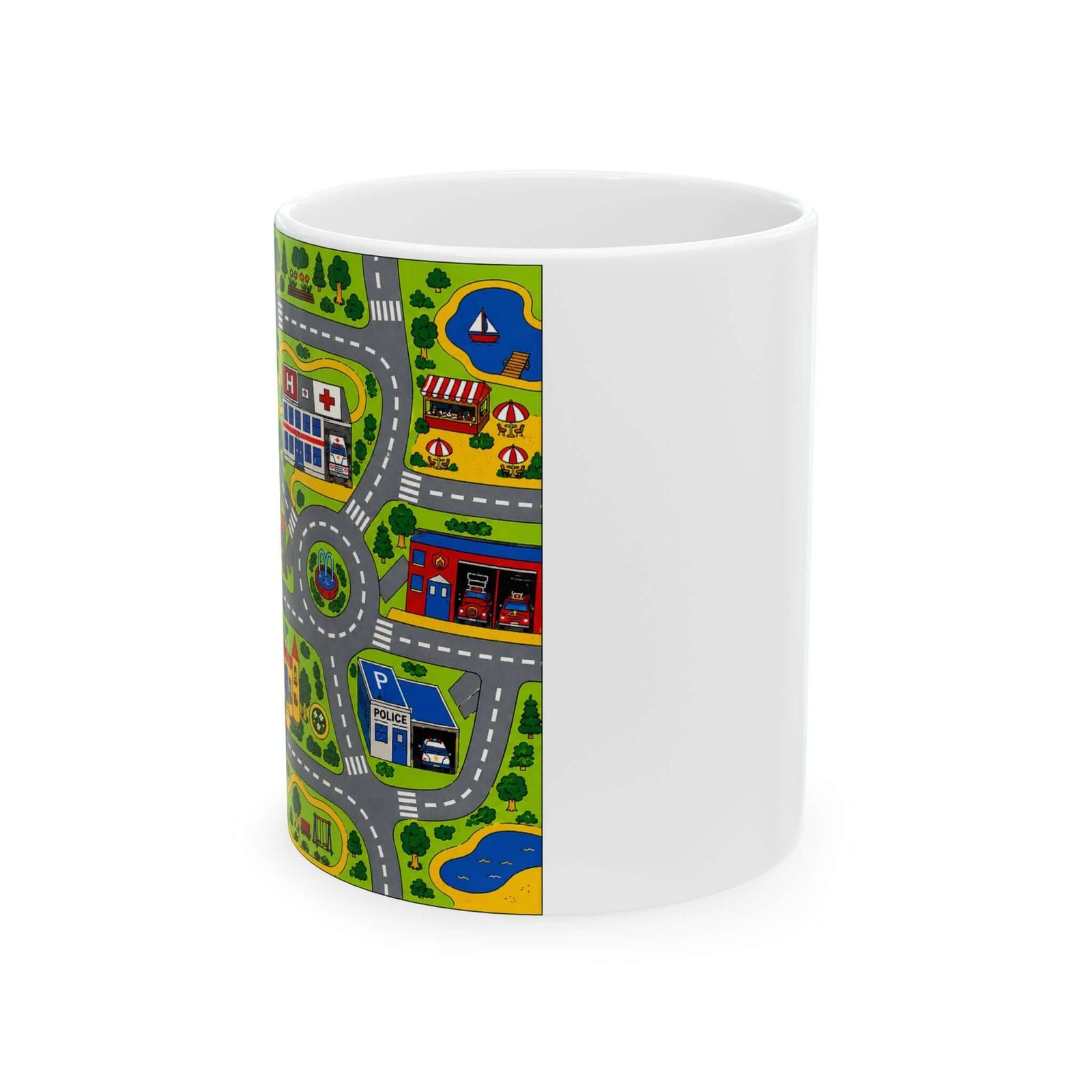 Retro 90s Road Play Carpet Mug - 11oz white coffee mug, front view with print on both sides