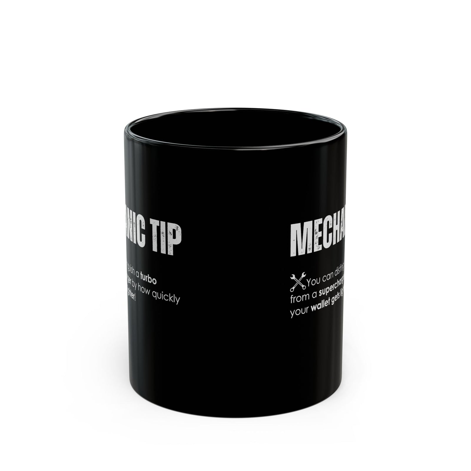 Turbo vs Supercharger Coffee Mug - 11oz black coffee mug, front view with print on both sides