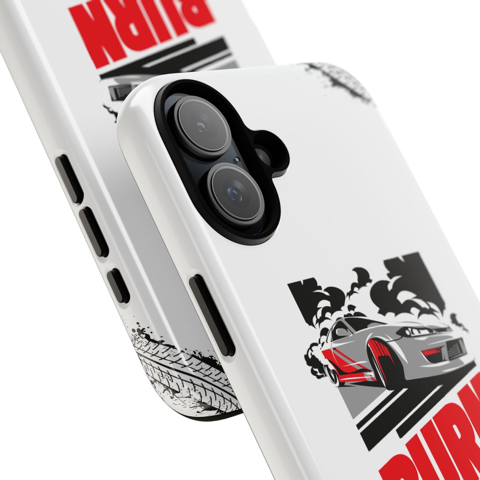 JDM Burnout Tough Car Phone Case - iPhone 16 Plus, glossy, camera cutout close-up