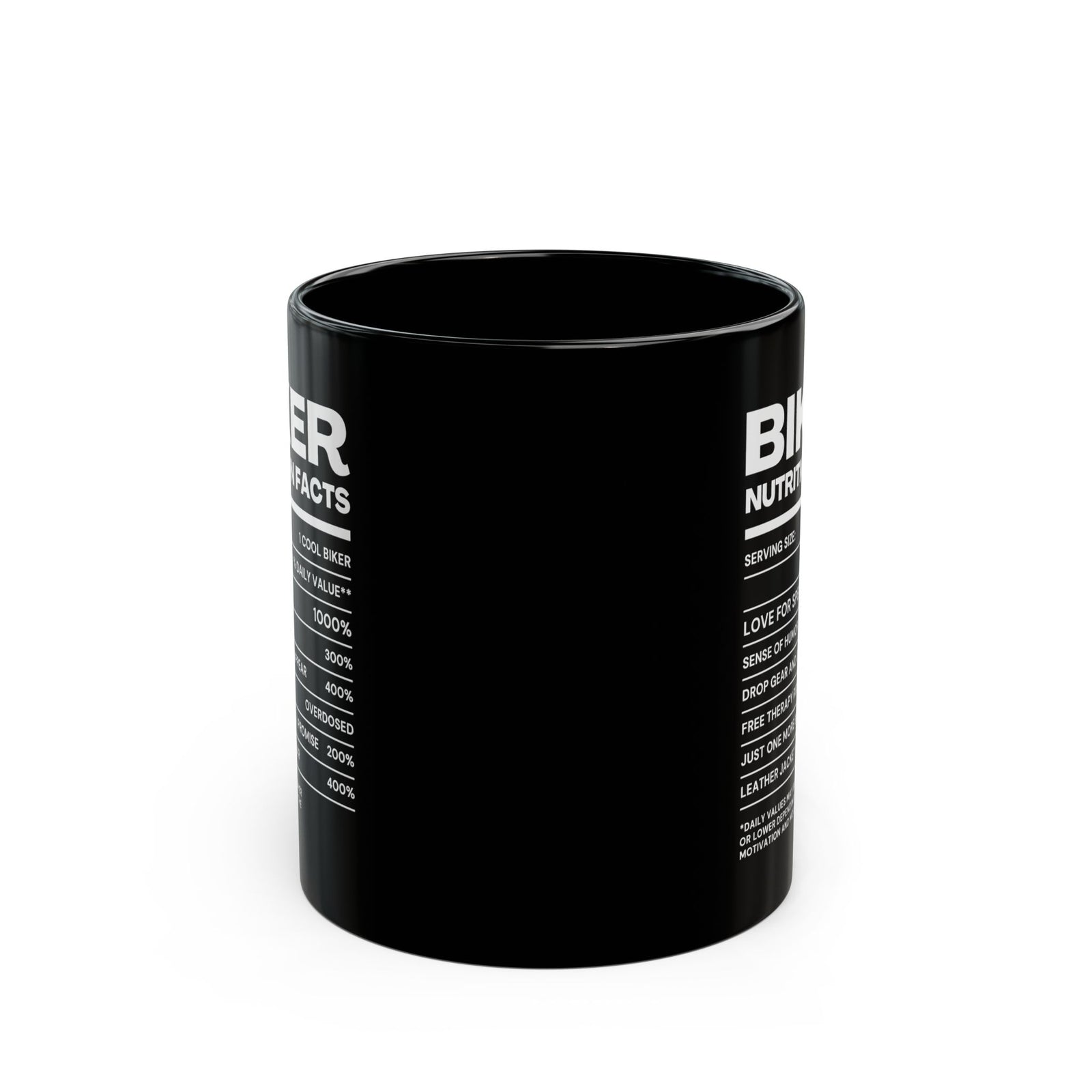 Biker Nutrition Facts Coffee Mug - 11oz black coffee mug, front view with print on both sides