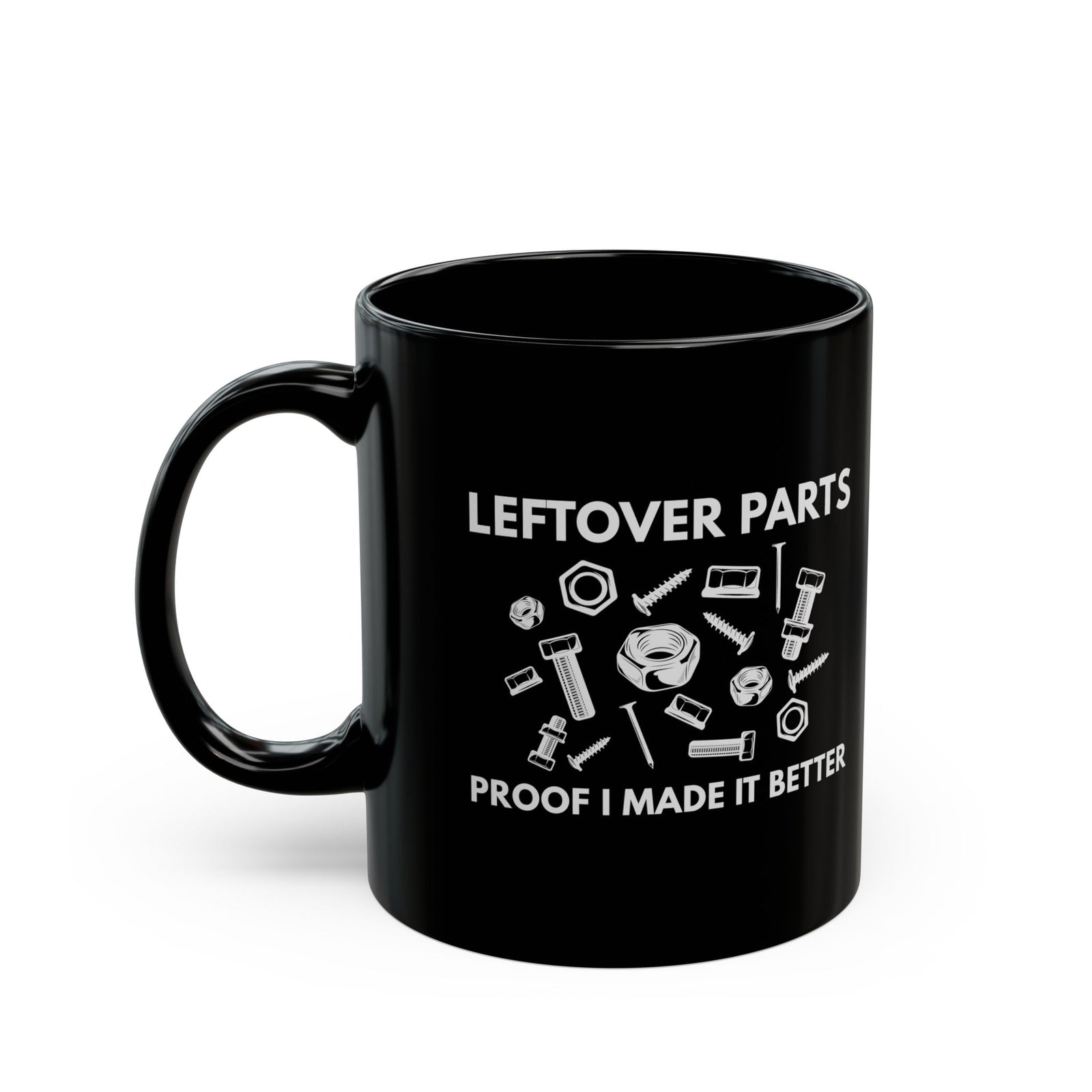 Leftover Parts Coffee Mug - 11oz black coffee mug, handle on the left