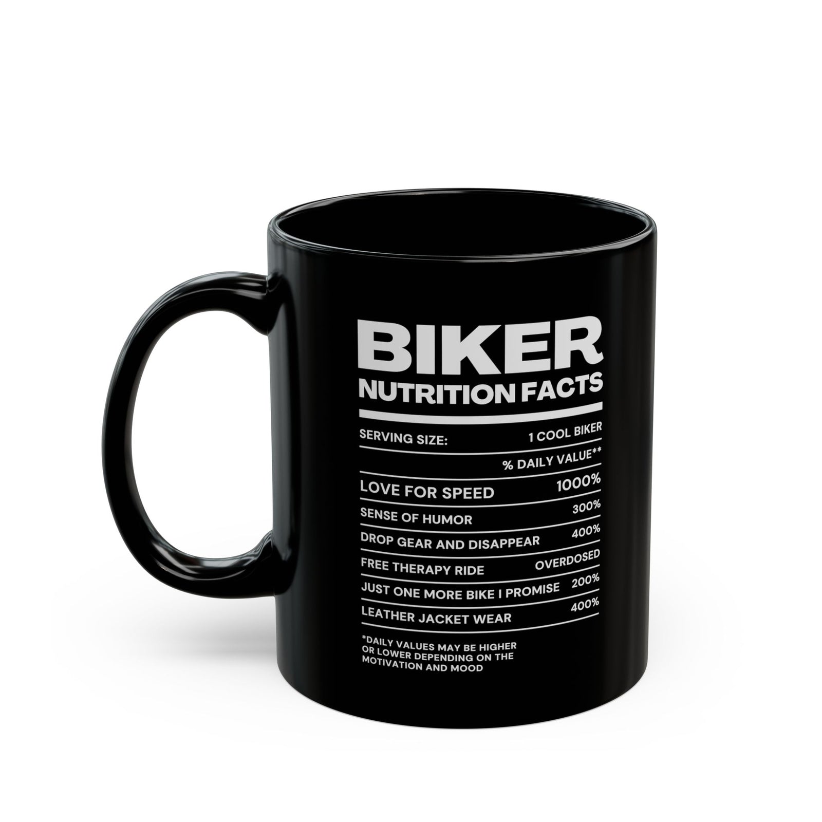 Biker Nutrition Facts Coffee Mug - 11oz black coffee mug, handle on the left