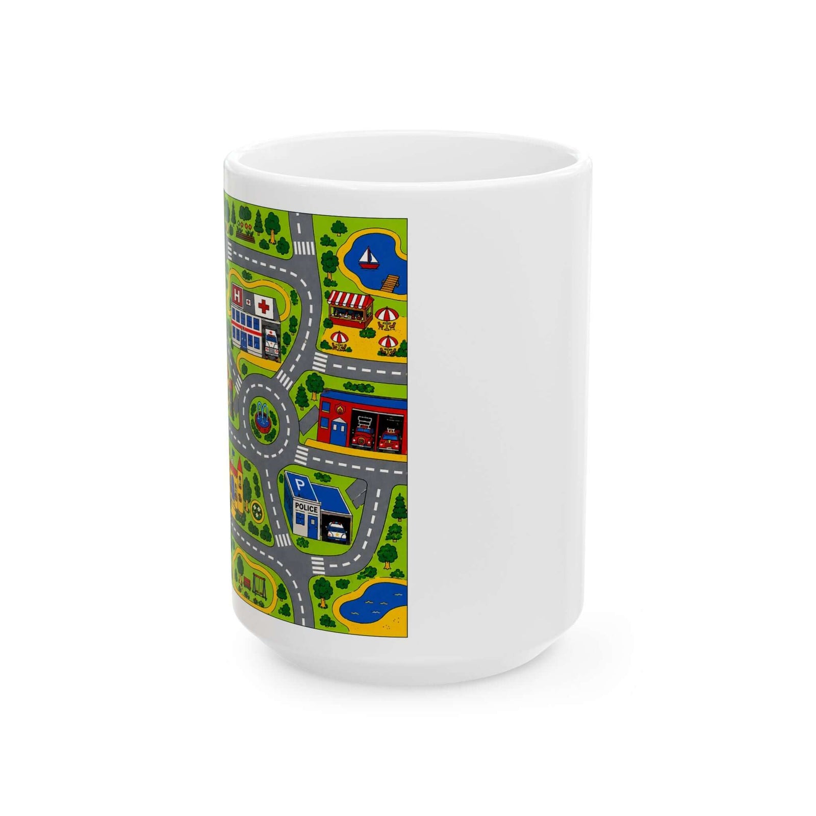 Retro 90s Road Play Carpet Mug - 15oz white coffee mug, front view with print on both sides