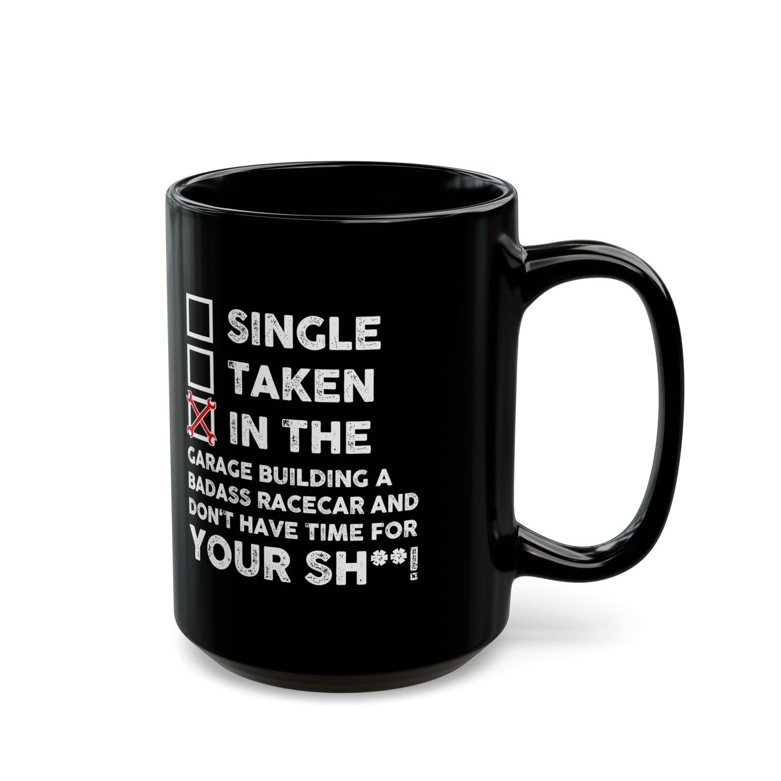 In the Garage Building a Racecar Mug - 15oz black coffee mug, handle on the right