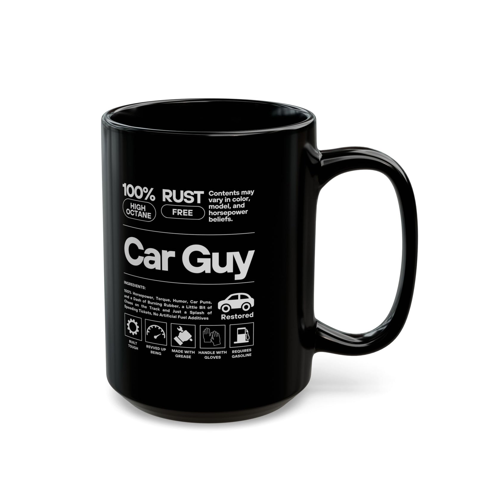 Car Guy Ingredients Label Coffee Mug - 15oz black coffee mug, handle on the right