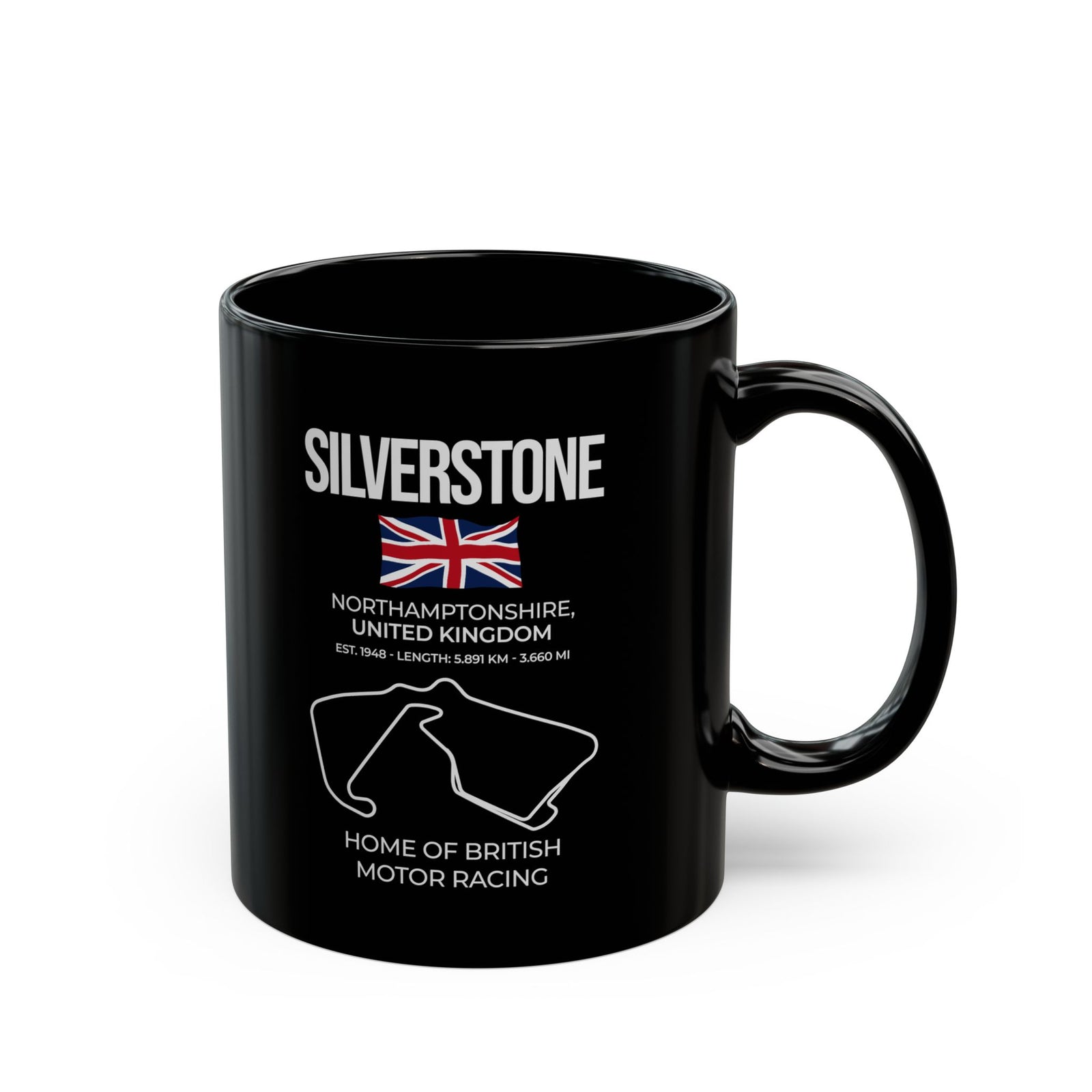 Silverstone Race Track Mug - 11oz black coffee mug, handle on the right