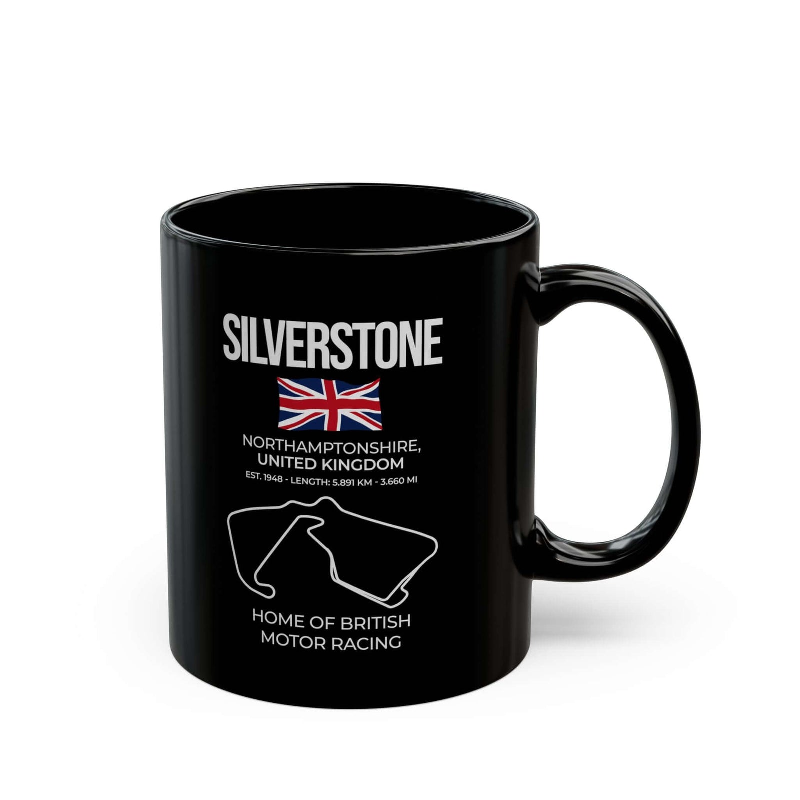 Silverstone Race Track Mug - 11oz black coffee mug, handle on the right