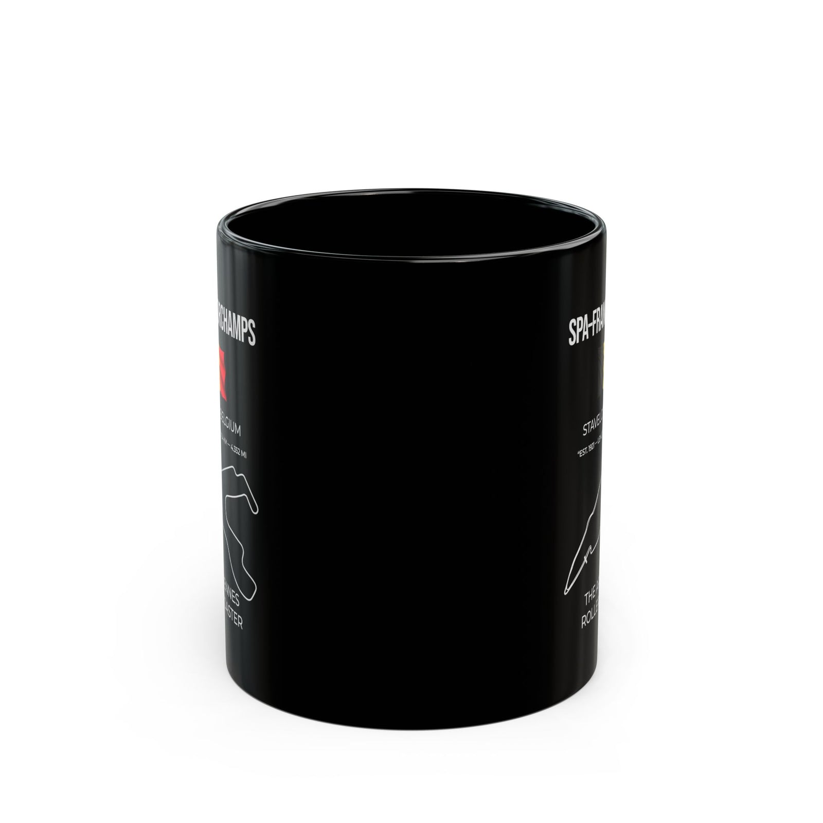 Spa-Francorchamps F1 Racing Track Mug - 11oz black coffee mug, front view with print on both sides