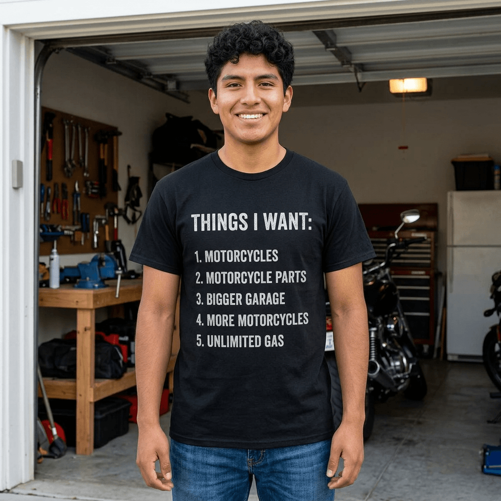 Biker Things I Want t-shirt - motorcycles and parts wishlist design - funny motorcycle enthusiast gift
