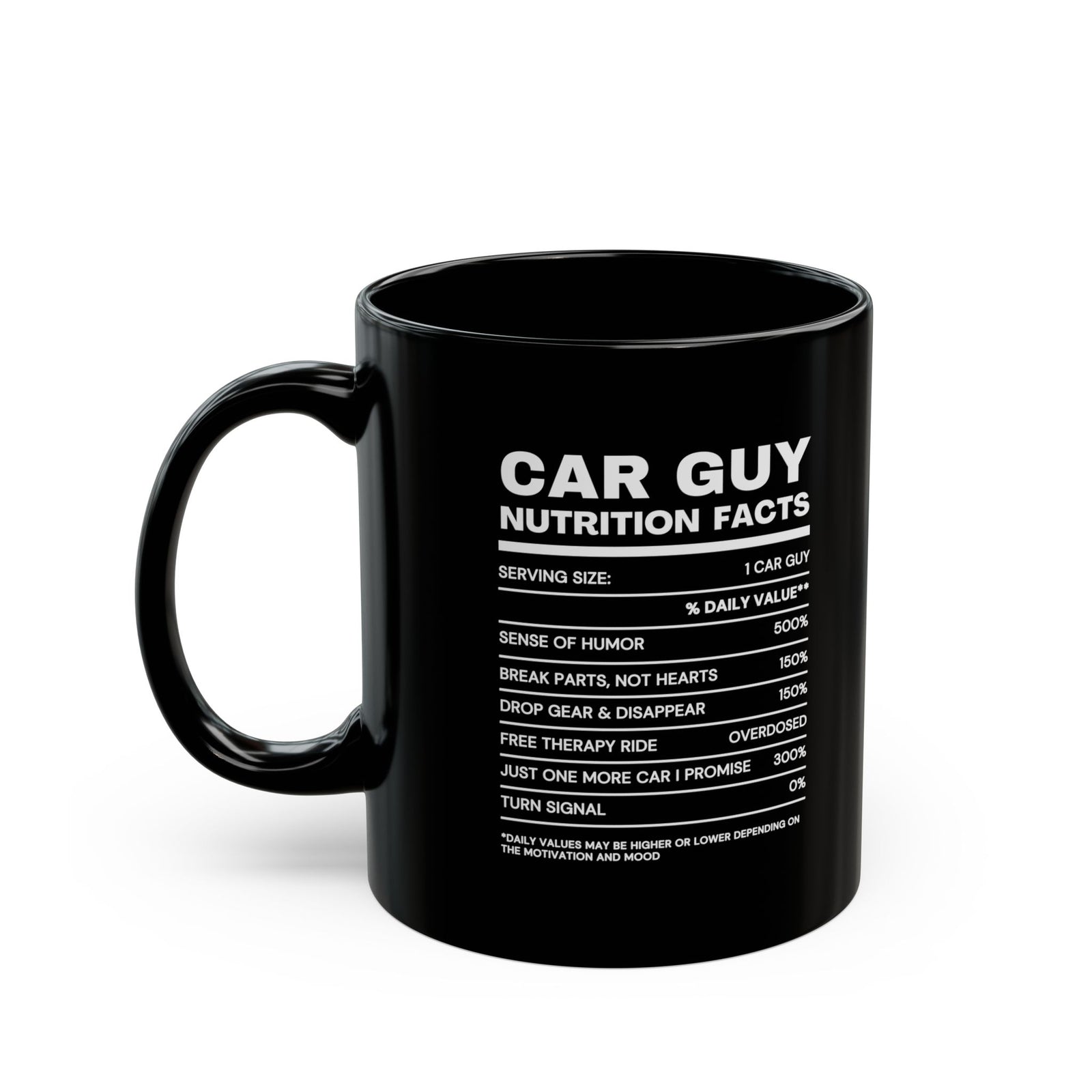 Car Guy Nutrition Facts Mug - 11oz black coffee mug, handle on the left