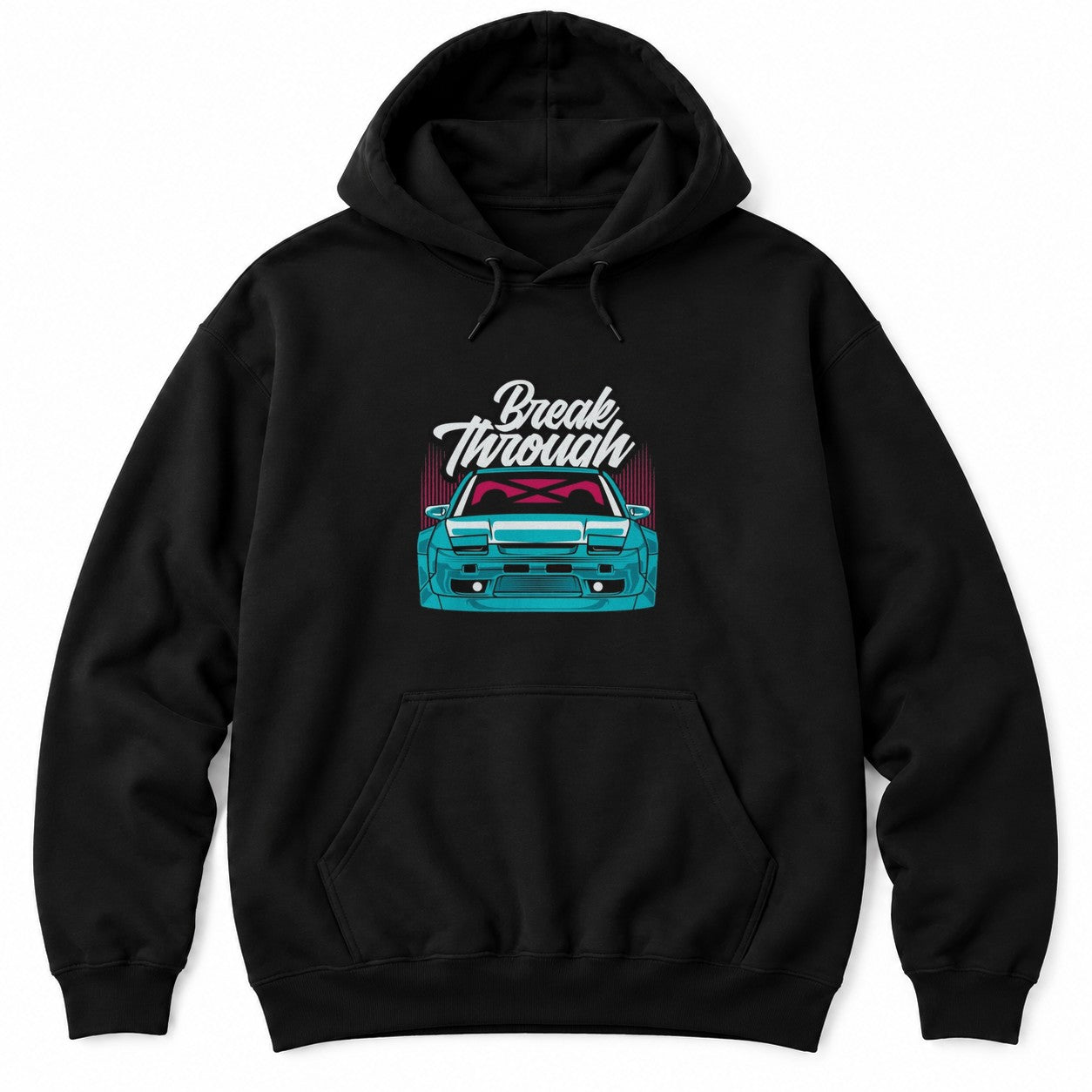 Black hoodie with a teal JDM drift coupe front view under a Break Through script logo