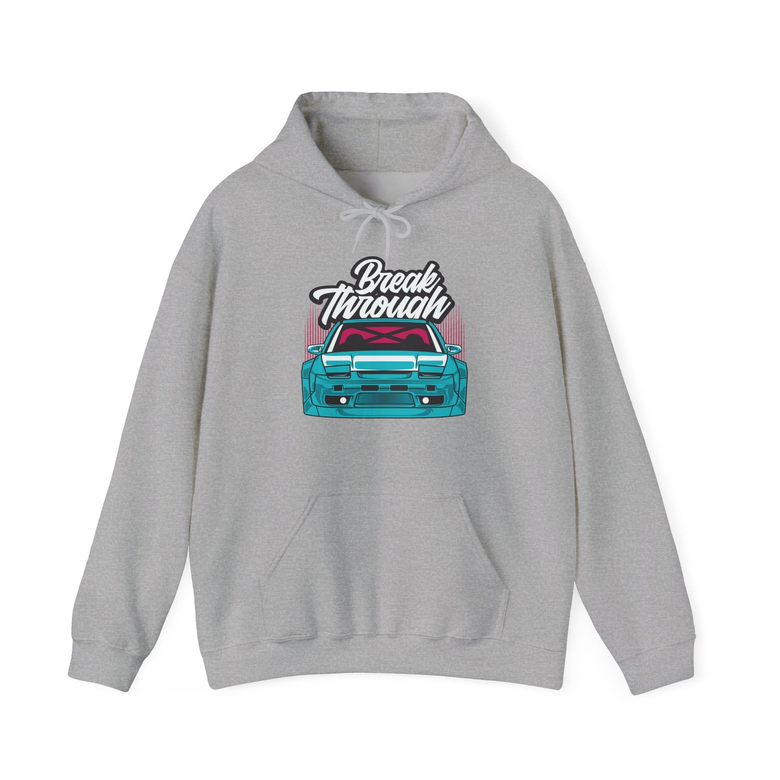 Athletic Heather hoodie with a teal JDM drift coupe front view under a Break Through script logo